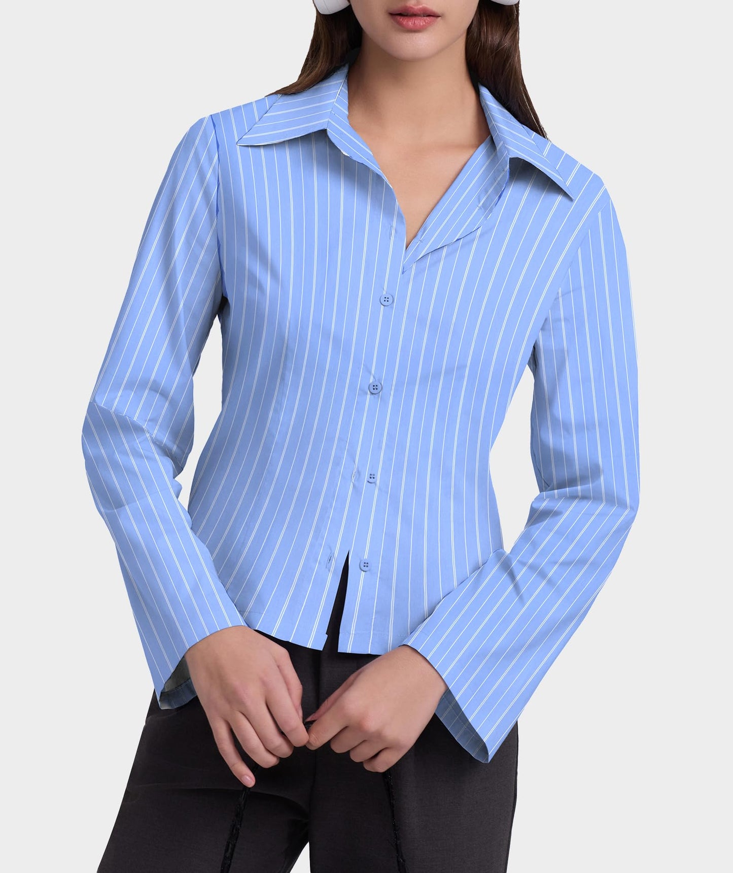 Casly Lamiit Button Down Shirts for Women Long Sleeve Collared Striped Shirt Cotton Lightweight Work Office Blouses Business Casual Tops Blue Striped L