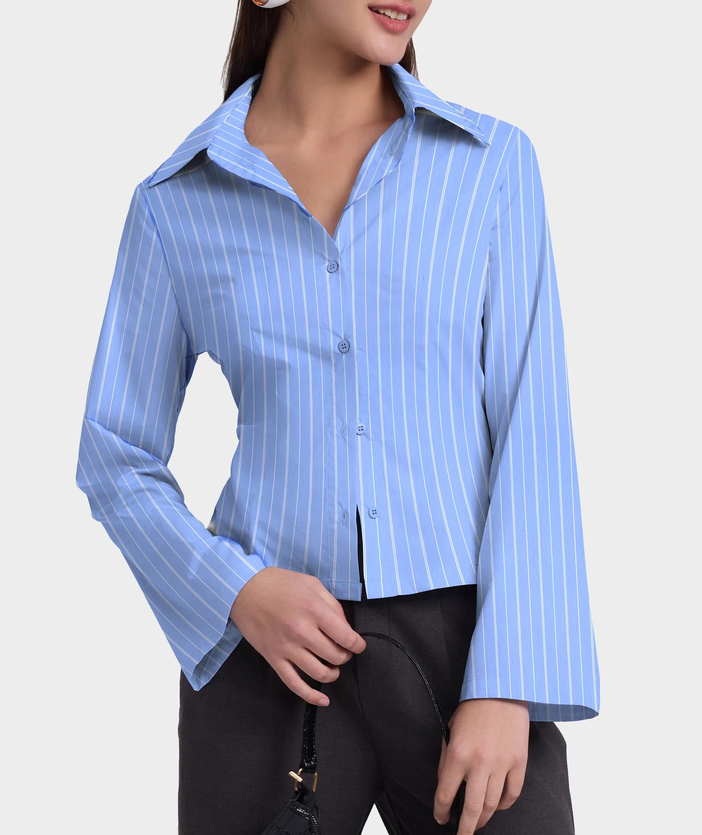 Casly Lamiit Button Down Shirts for Women Long Sleeve Collared Striped Shirt Cotton Lightweight Work Office Blouses Business Casual Tops Blue Striped L