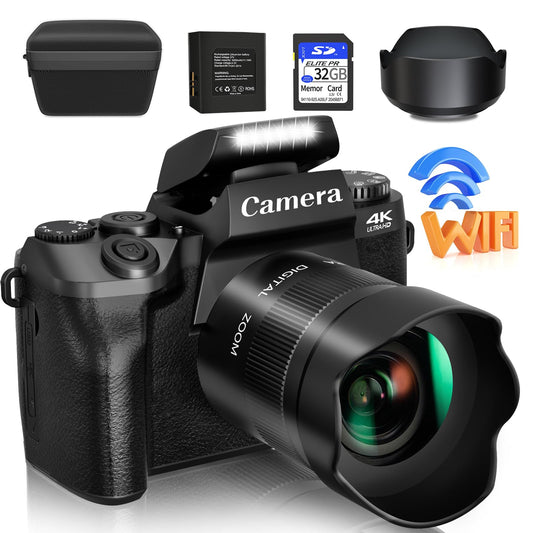 Saneen Digital Camera, 4k Cameras for Photography & Video, 64MP WiFi Touch Screen Vlogging Camera for YouTube with Flash, 32GB SD Card, Lens Hood, 3000mAH Battery, Front and Rear Cameras - Black