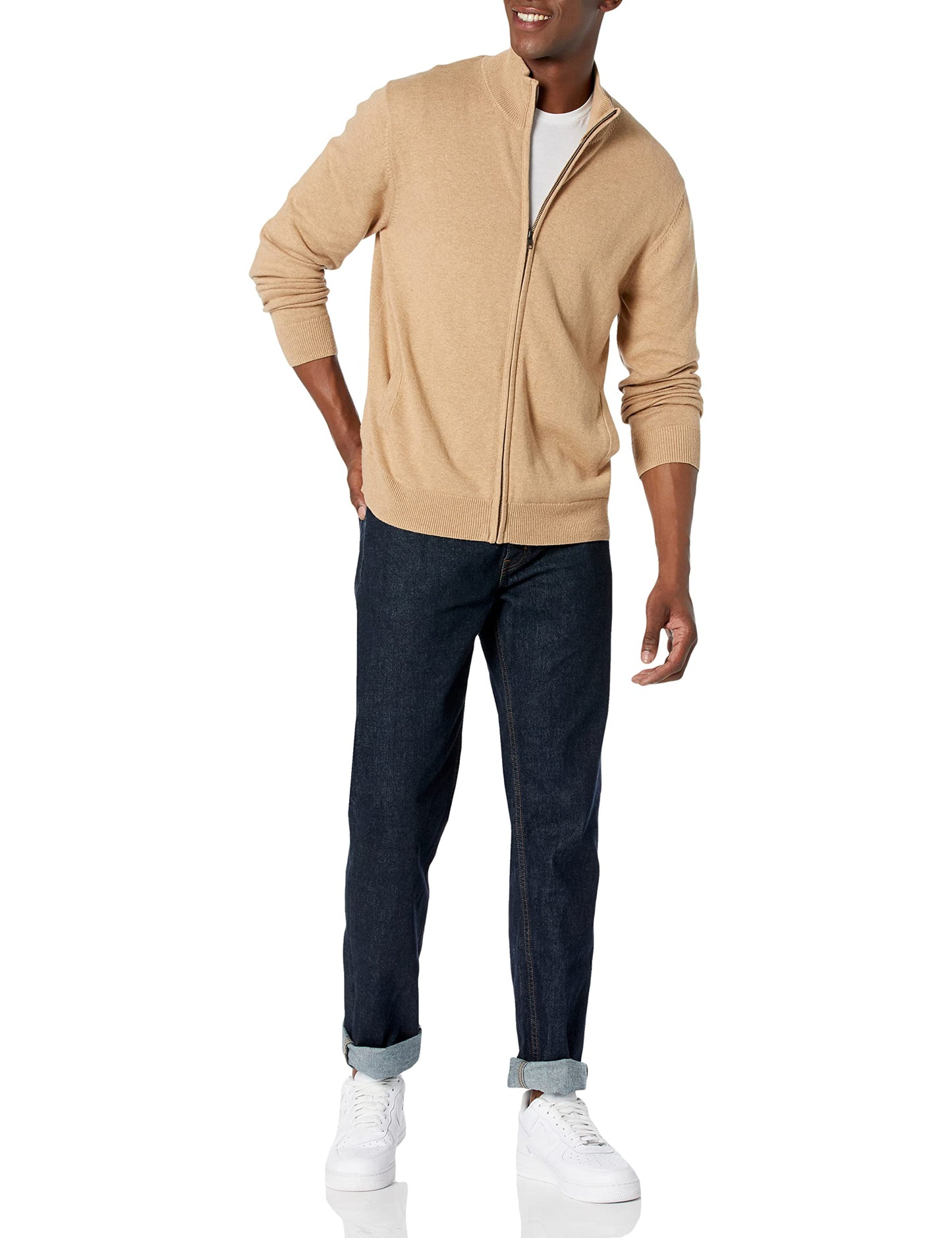 Amazon Essentials Men's Full-Zip Cotton Sweater, Camel Heather, Medium