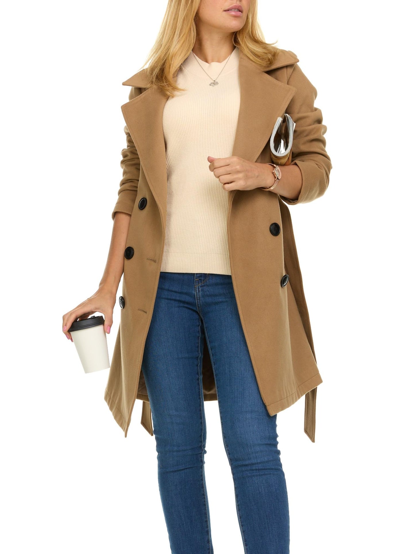 Steve Madden Trench Coat Women – Double-Breasted Long Winter Wool Coat for Women