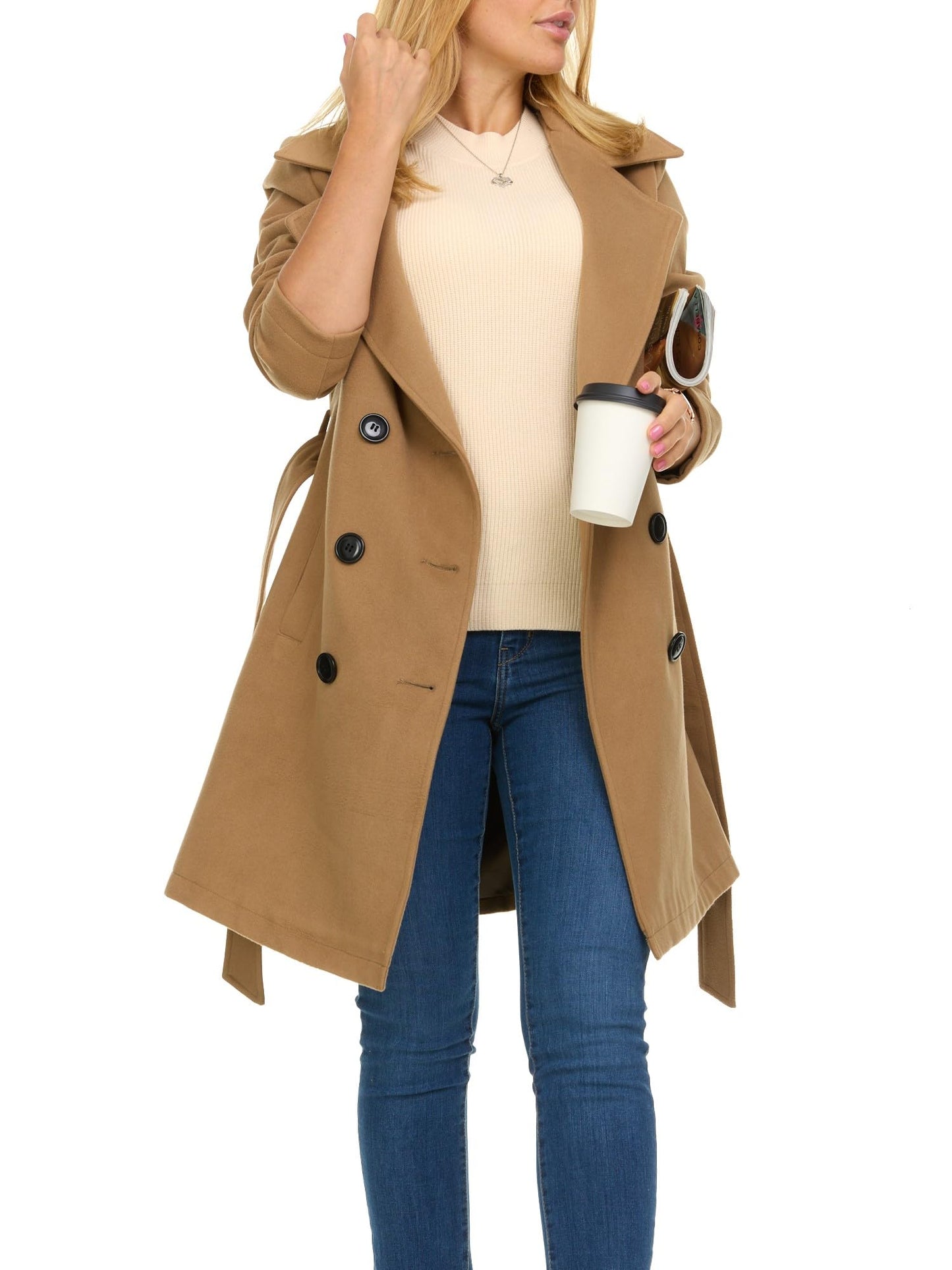 Steve Madden Trench Coat Women – Double-Breasted Long Winter Wool Coat for Women