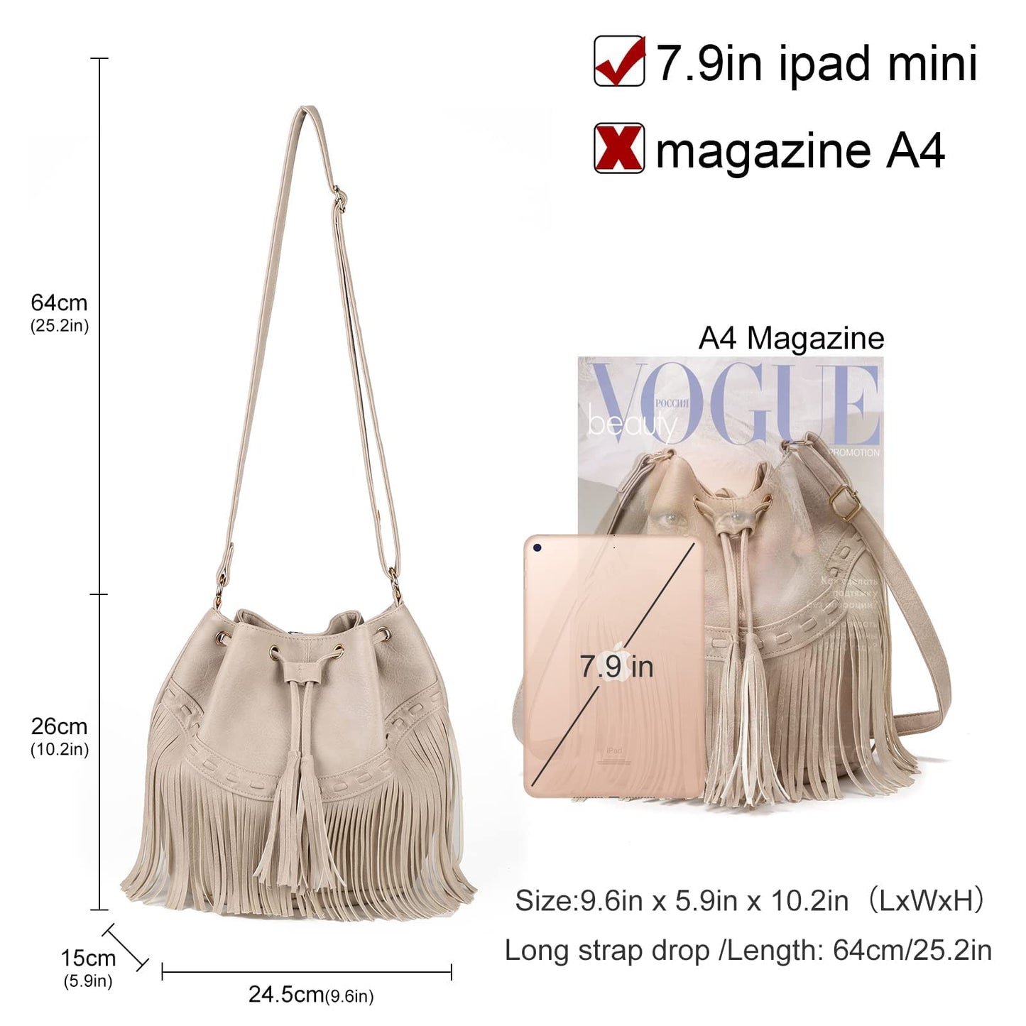 Leather Bucket Bags for Women Crossbody Fringe Purses with Drawstring Ladies Tassel Hobo and Shoulder Handbags White