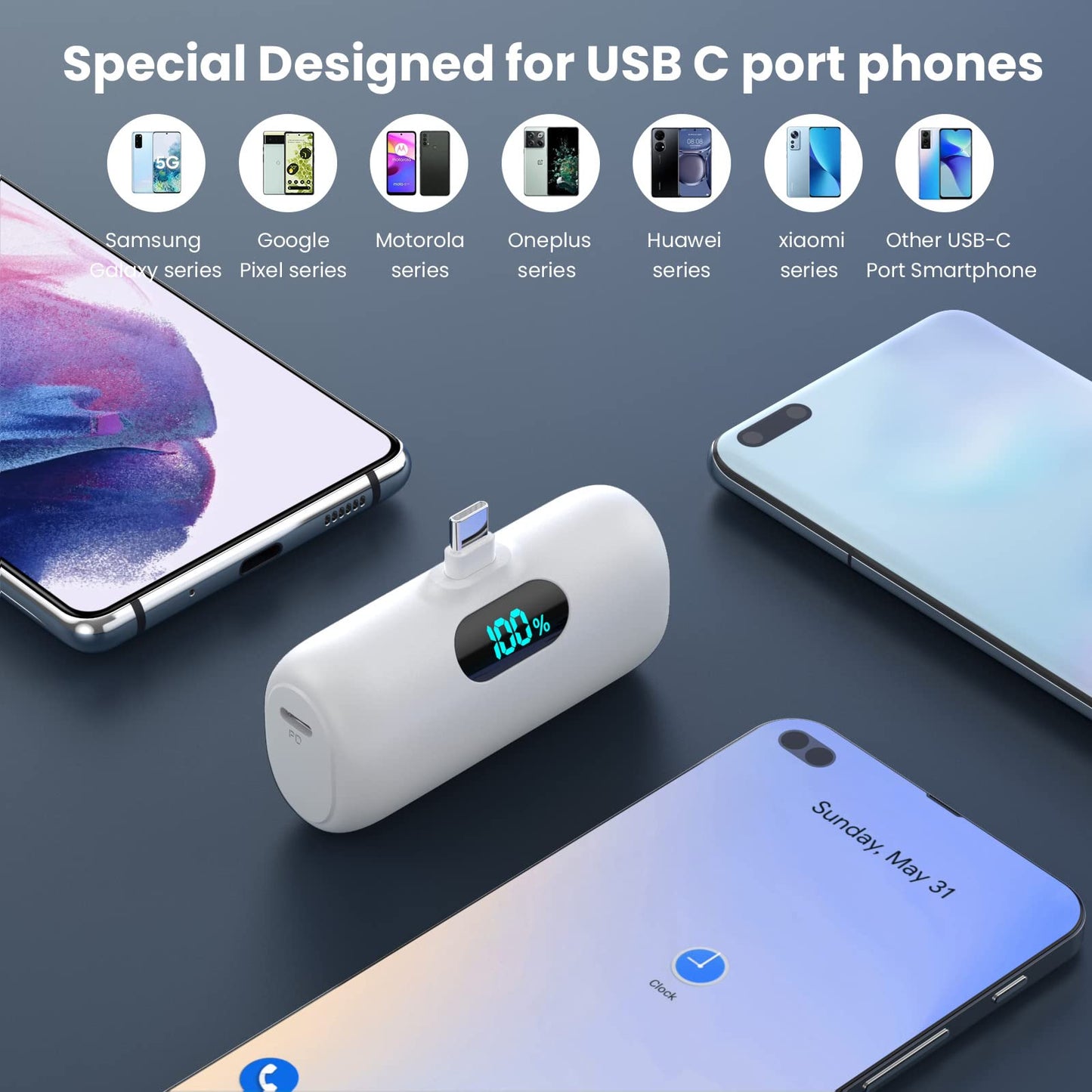 [2-Pack] Mini Portable Charger 5000mAh Power Bank, 3A PD USB C Cell Phone Portable Power, LCD Display Battery Pack Compatible with iPhone 15/15 plus/15 pro/15 pro Max/Android phone/Samsung/Moto/LG etc