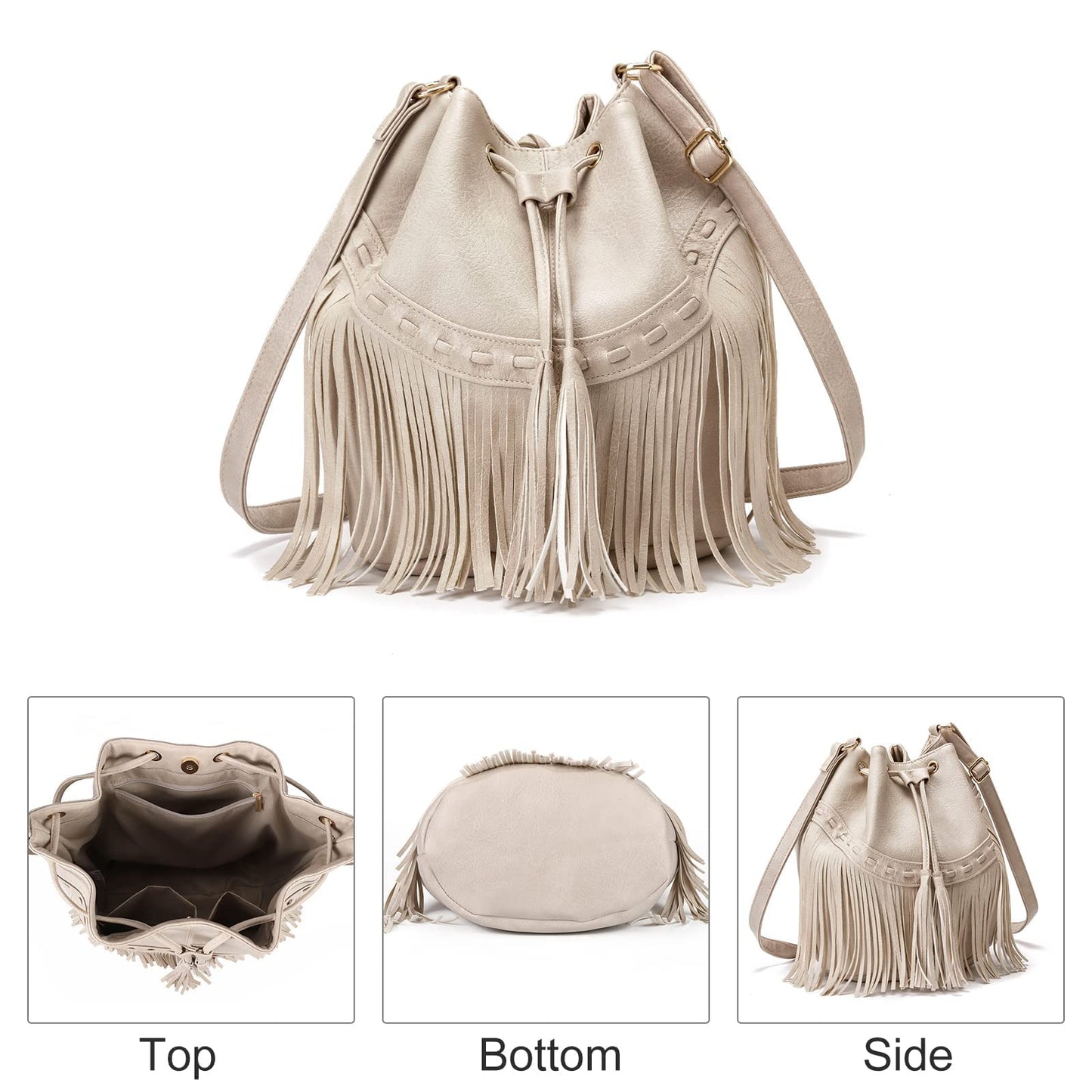 Leather Bucket Bags for Women Crossbody Fringe Purses with Drawstring Ladies Tassel Hobo and Shoulder Handbags White