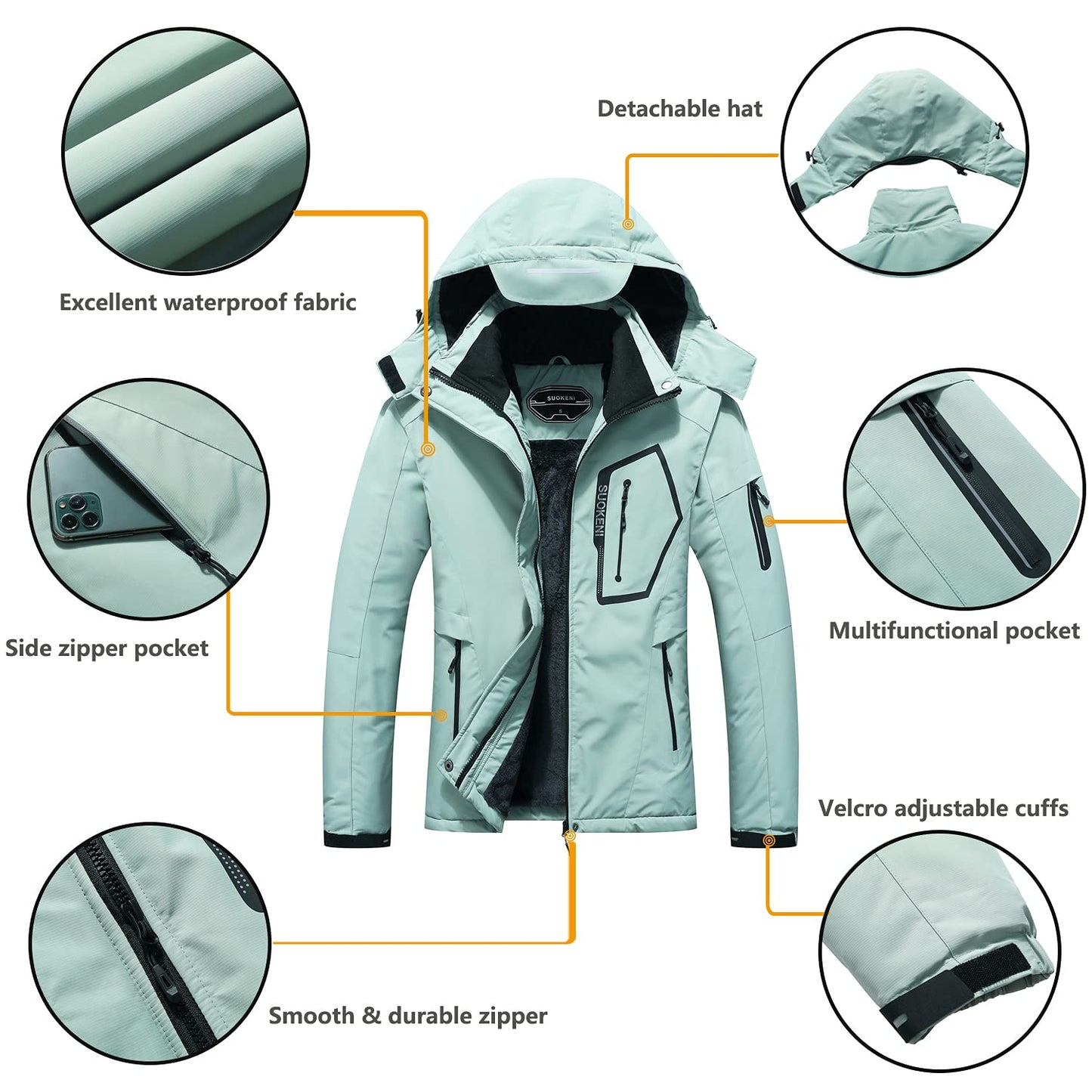 SUOKENI Women's Waterproof Warm Winter Snow Coat Hooded Raincoat Ski Snowboarding Jacket