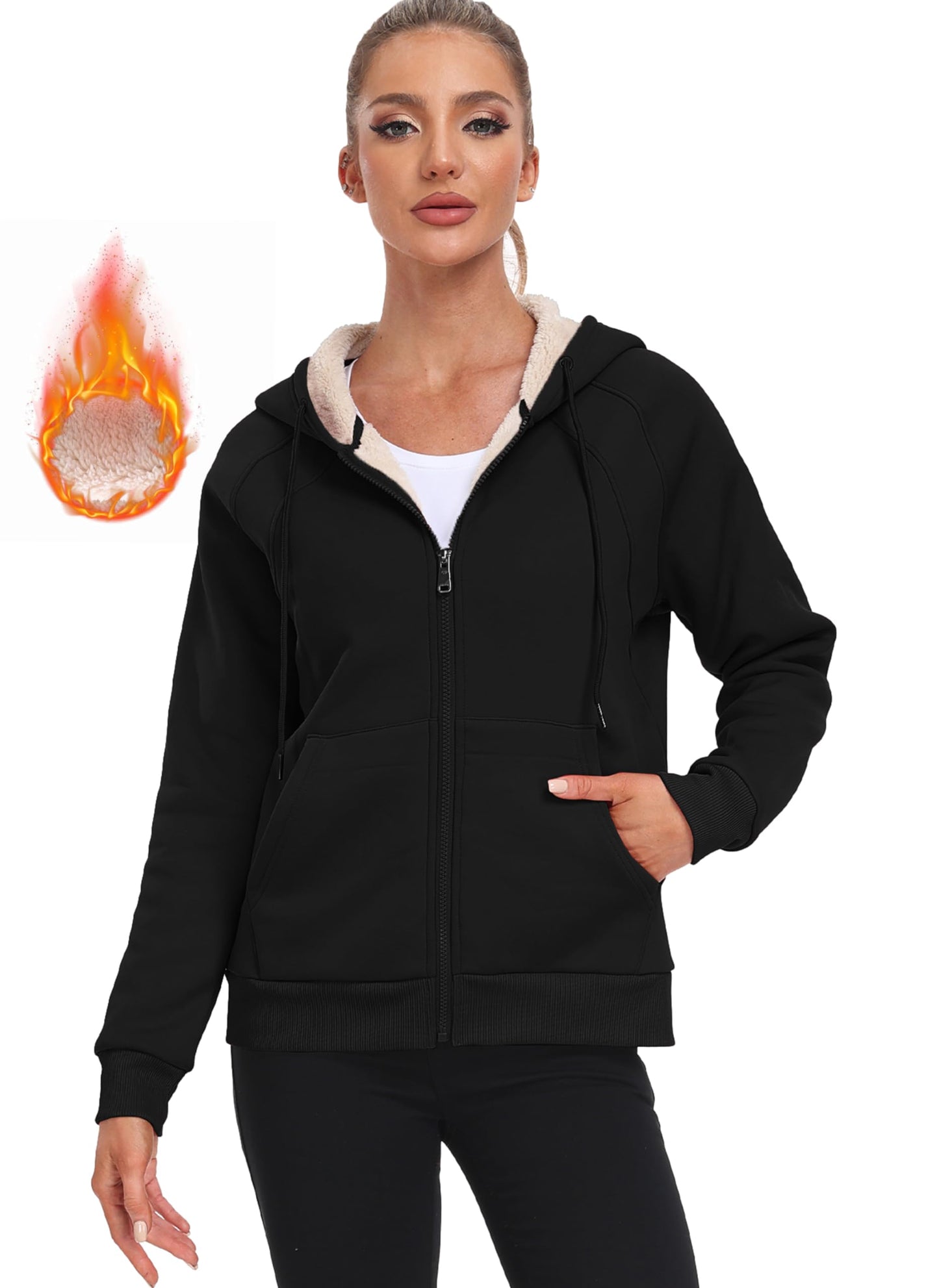 MoFiz Warm Winter Coat, Women's Fleece Zip Up Hoodie, Black, Medium