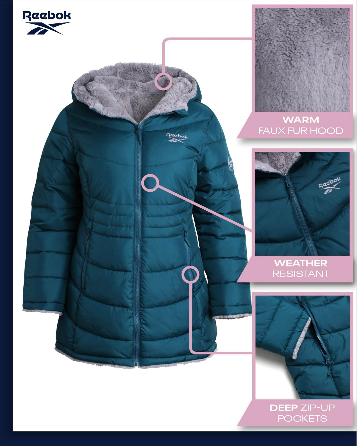 Reebok Women's Winter Jacket - Reversible Quilted Puffer with Sherpa Fleece Lining – Parka Coat for Women (S-3X, Plus Size), Size Medium, Peacock