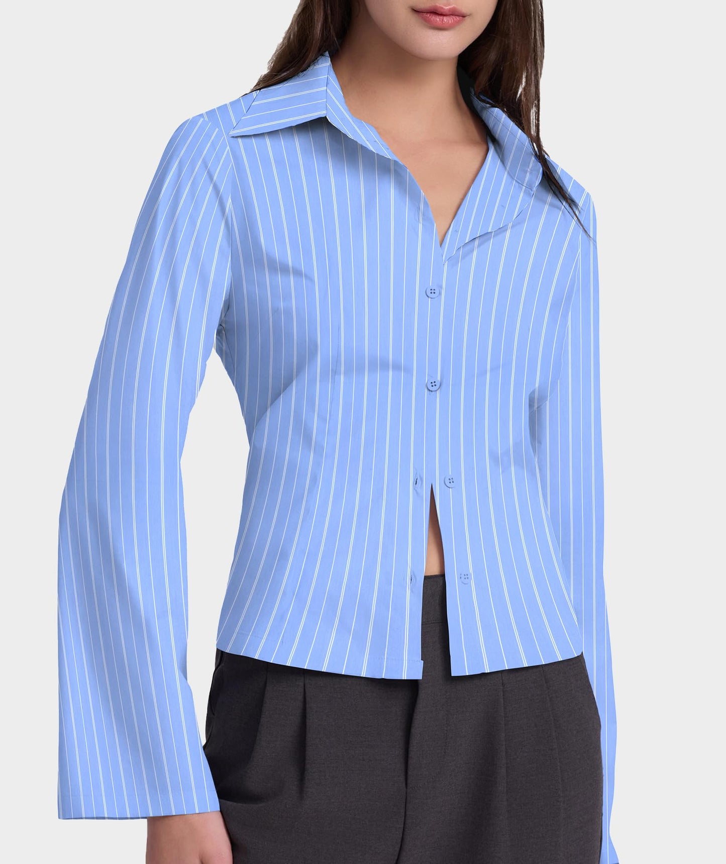 Casly Lamiit Button Down Shirts for Women Long Sleeve Collared Striped Shirt Cotton Lightweight Work Office Blouses Business Casual Tops Blue Striped L