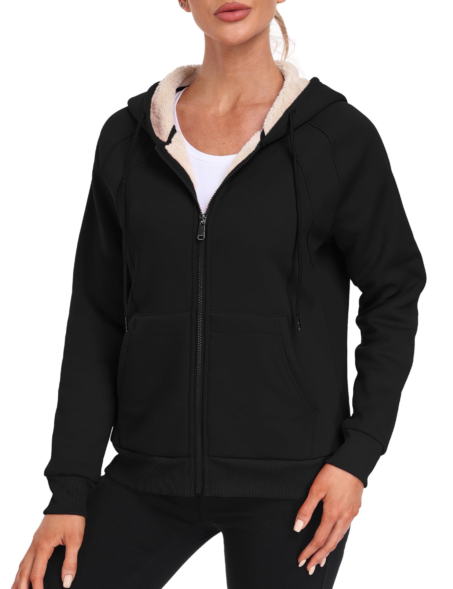 MoFiz Warm Winter Coat, Women's Fleece Zip Up Hoodie, Black, Medium