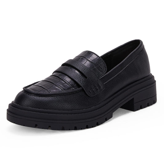 Women's Platform Penny Loafers Comfort Chunky Heel Slip On Business Work Dress Shoes Black