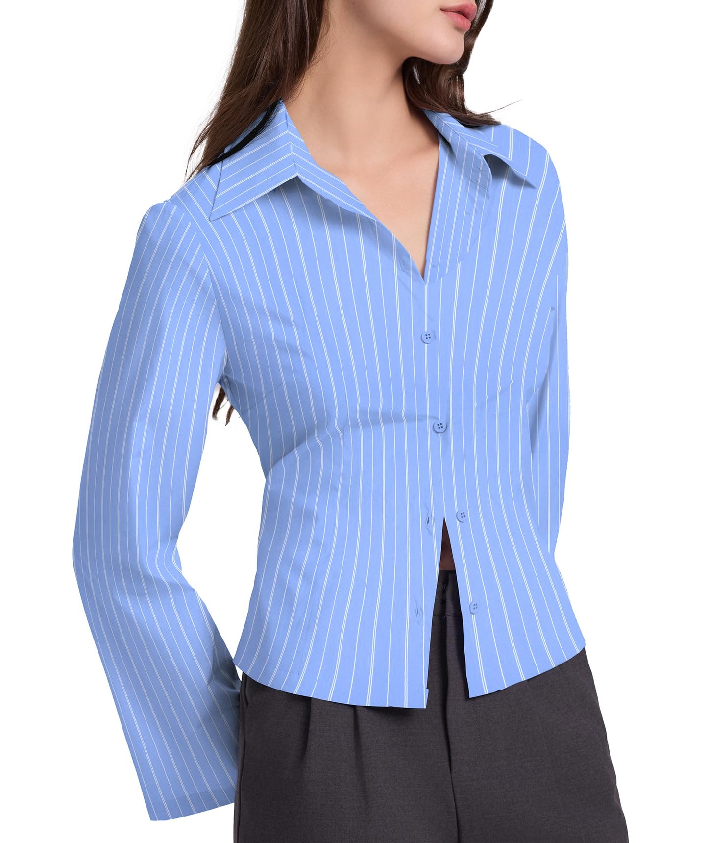 Casly Lamiit Button Down Shirts for Women Long Sleeve Collared Striped Shirt Cotton Lightweight Work Office Blouses Business Casual Tops Blue Striped L