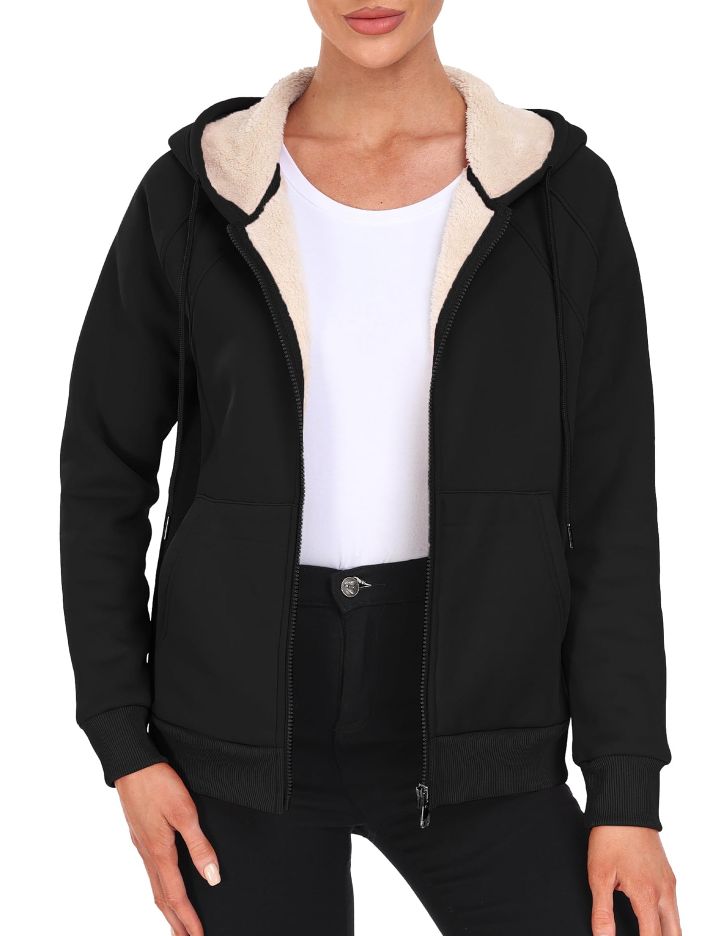 MoFiz Warm Winter Coat, Women's Fleece Zip Up Hoodie, Black, Medium