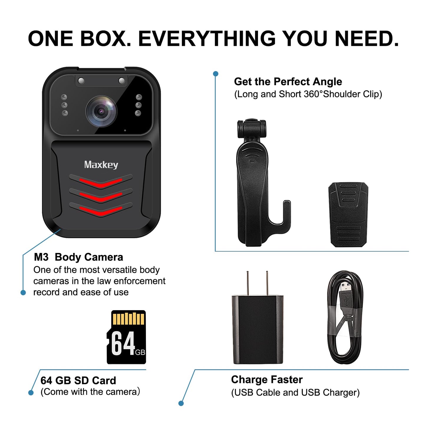 Maxkey M3 1080P Body Camera, 64GB Police BodyCam with Audio Video Recording and Ultra Infrared Night Vision,Body Worn Camera for Law Enforcement Recorder and Personal Use