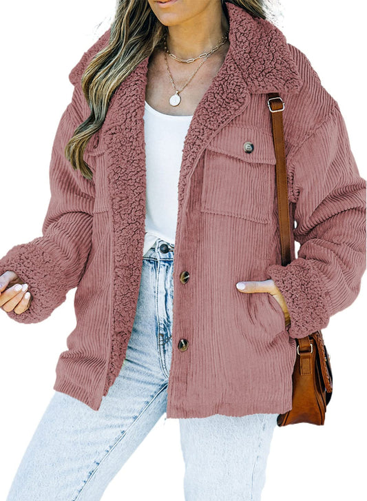 Dokotoo Womens Fashion Winter Warm Thick Sherpa Lined Corduroy Jacket Teddy Bear Button Down Fleece Fur Collar Casual Cute Solid Fall Coat Outwear with Pockets Pink S