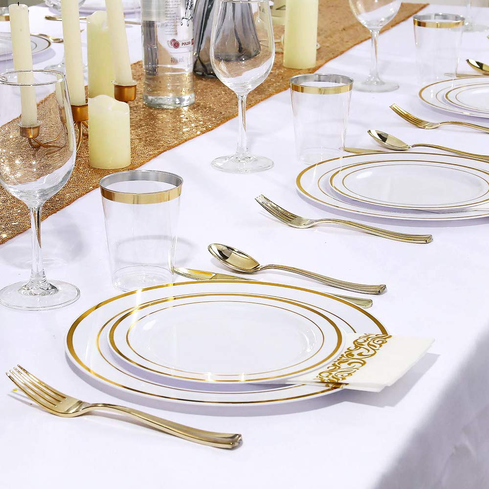 350 Piece MCIRCO Gold Dinnerware Set - 100 Gold Rim Plastic Plates - 50 Gold Plastic Silverware - 50 Gold Plastic Cups - 50 Gold Paper Napkins, 50 Guest Disposable Gold Dinnerware Set