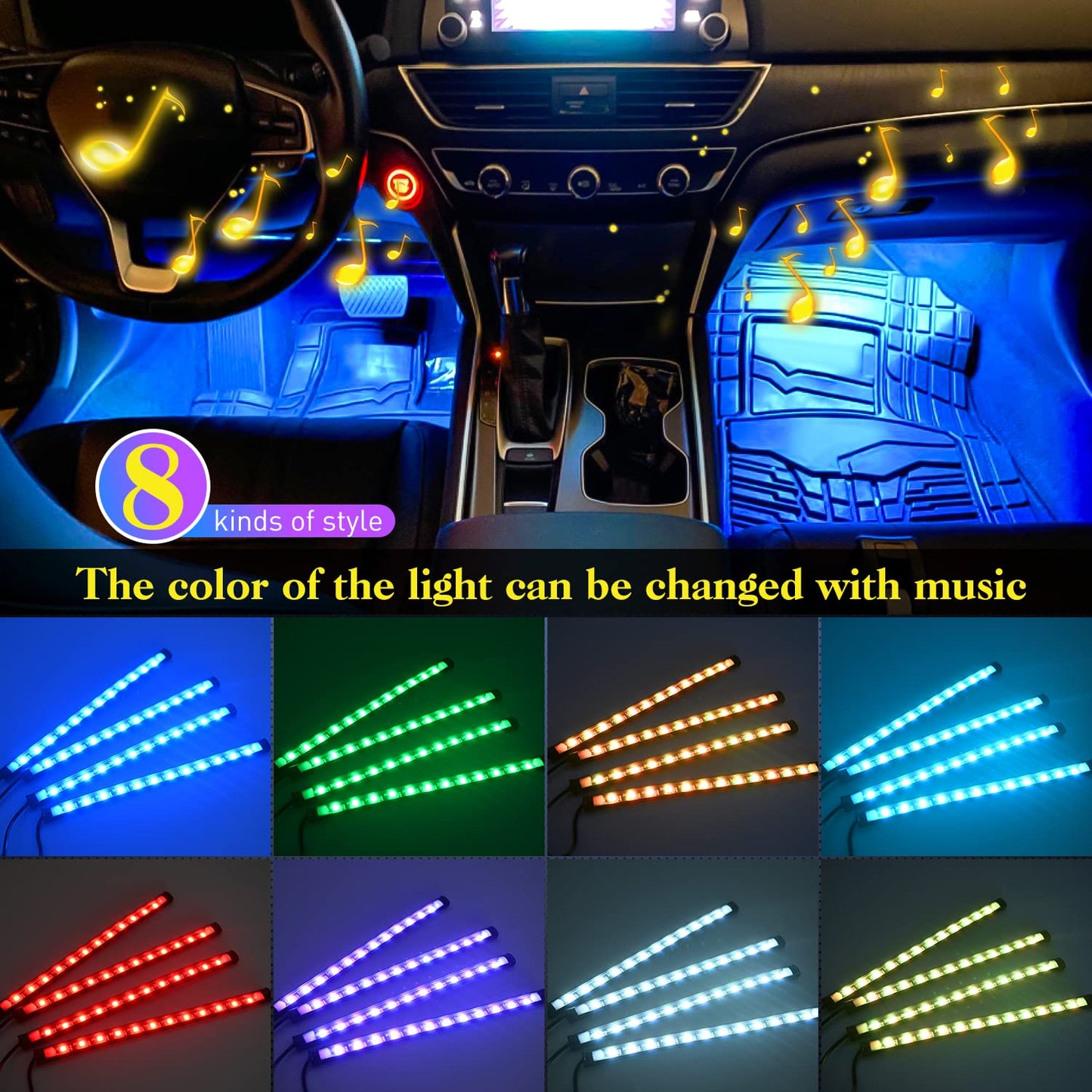 Nilight 48 LEDs DC 5V Multicolor Music Car Strip Light Under Dash Lighting Kit with Sound Active Function and Wireless Remote Control, 2 Years Warranty, 4PCS USB Interior Lights