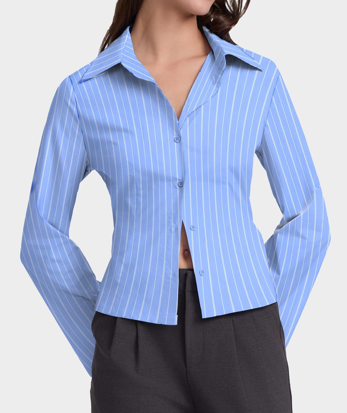 Casly Lamiit Button Down Shirts for Women Long Sleeve Collared Striped Shirt Cotton Lightweight Work Office Blouses Business Casual Tops Blue Striped L