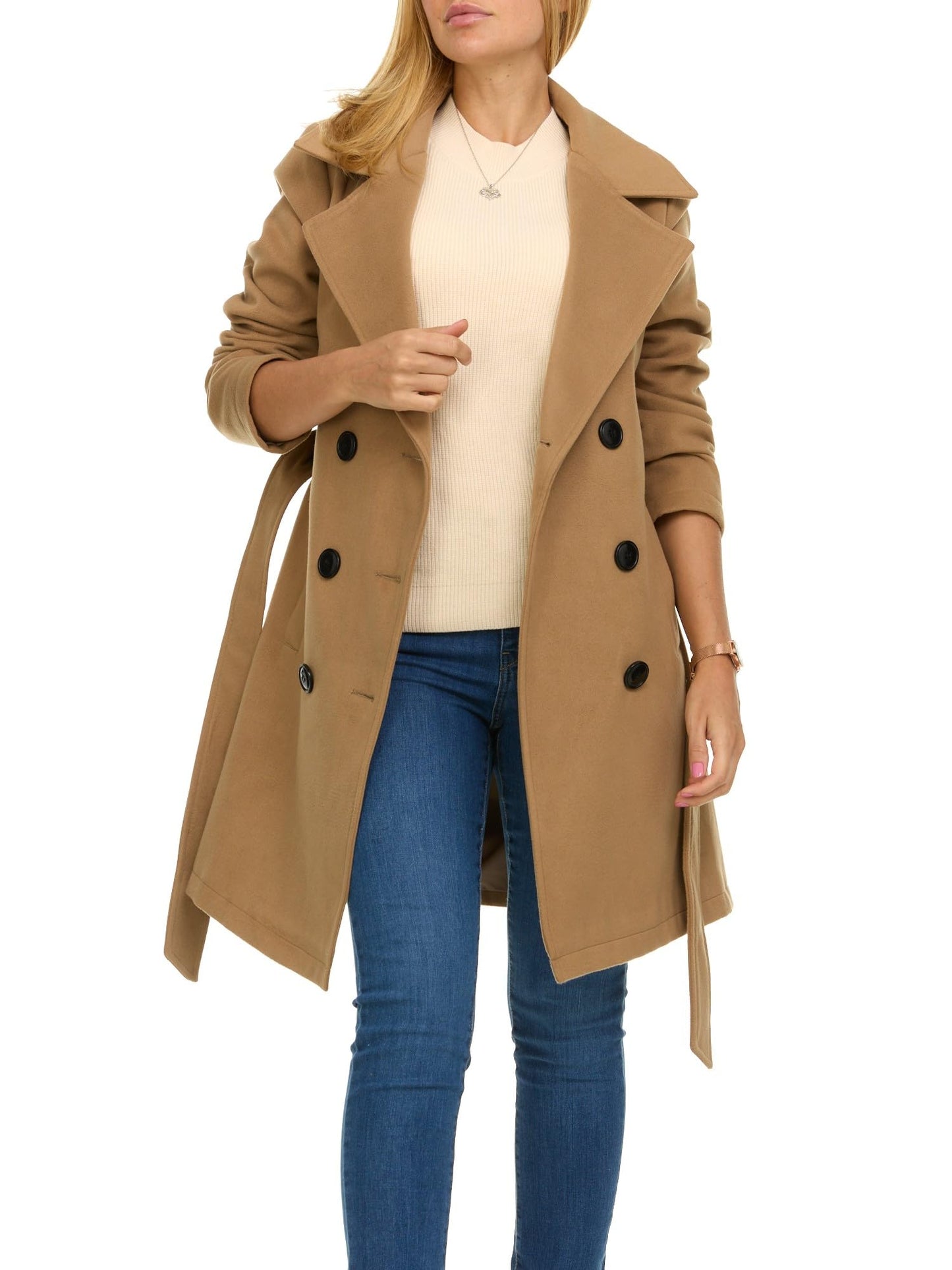 Steve Madden Trench Coat Women – Double-Breasted Long Winter Wool Coat for Women