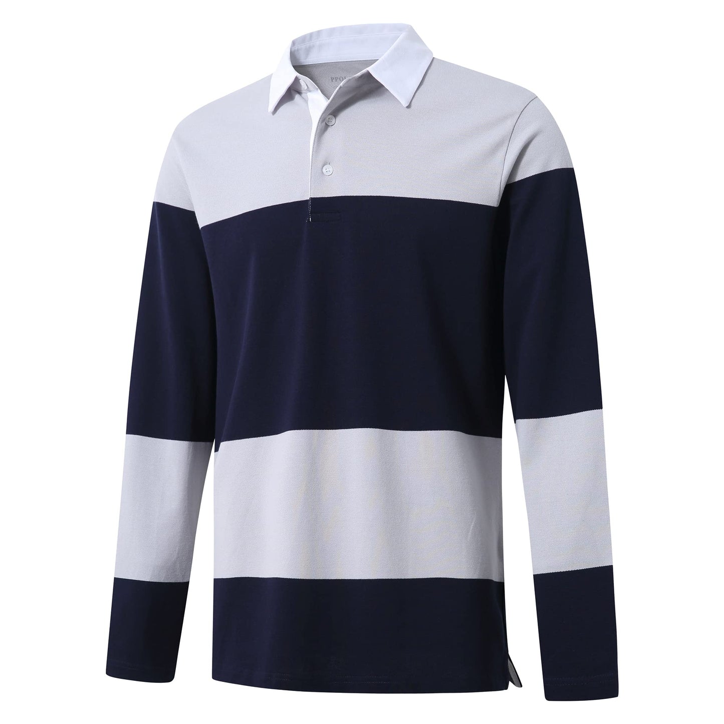 Men's Long Sleeve Polo Shirt Casual Collared Striped Pique Polo Shirts Soft Cotton Dry Fit Golf Polo Shirts for Men Navy Grey