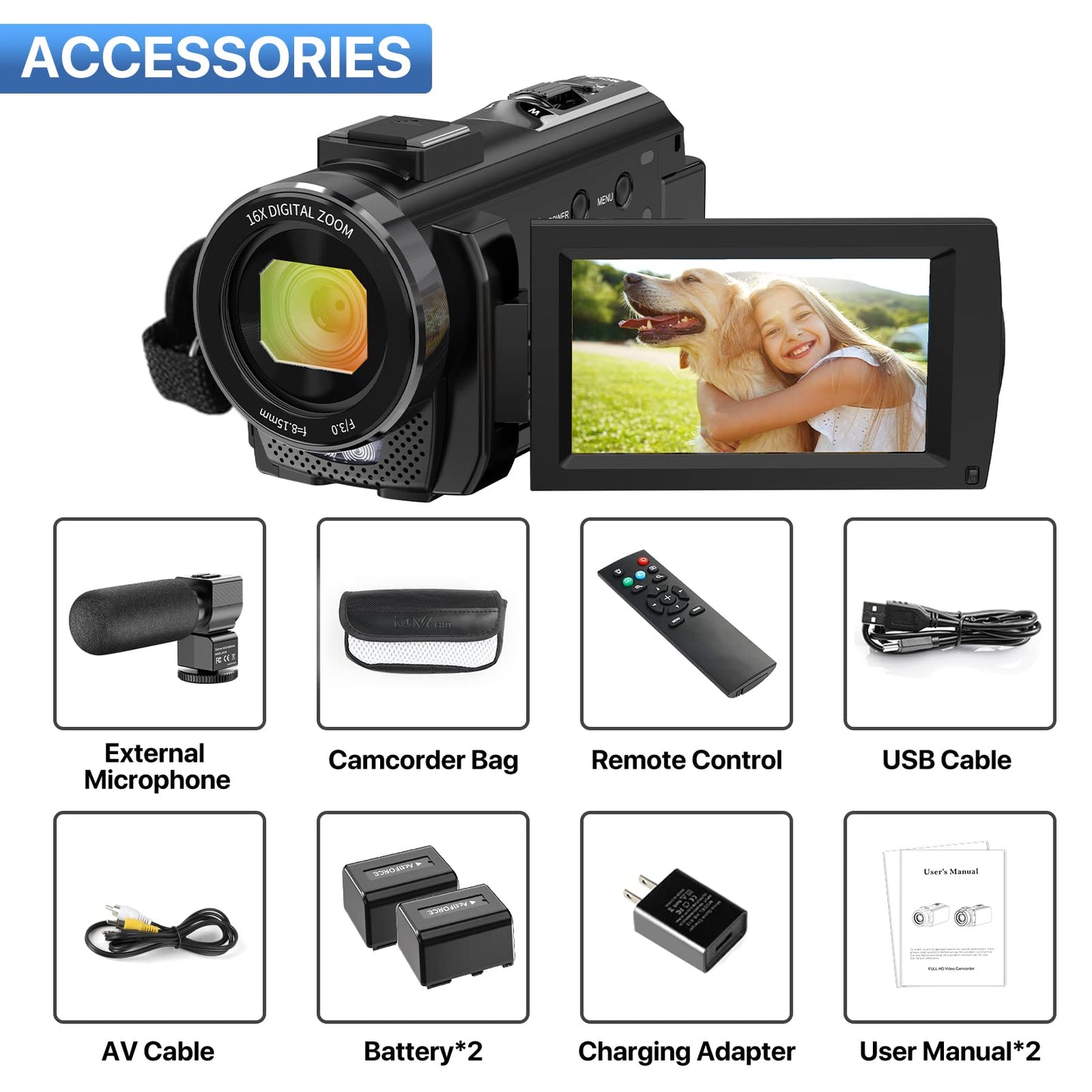 Video Camera YouTube Vlogging Camera Recorder FHD 1080P 24.0MP 3.0 Inch 270 Degree Rotation Screen 16X Digital Zoom Camcorder with Microphone,Remote Control and 2 Batteries