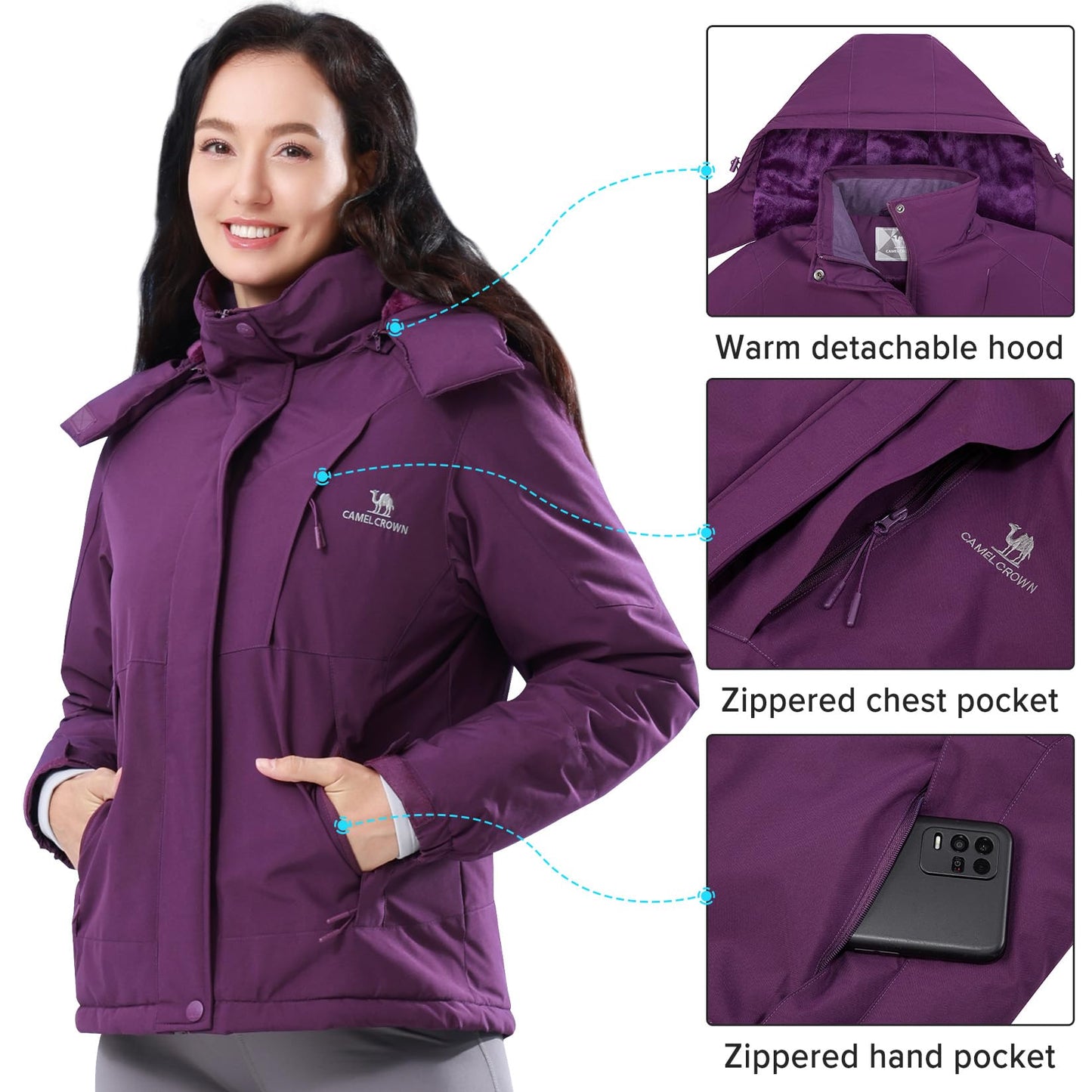 CAMEL CROWN Womens Winter Coat Waterproof Ski Jacket with Fleece Lining Windproof for Snow Rain Outdoor Hiking Mountain