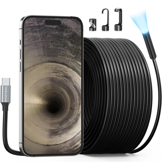 50FT Sewer Camera, Teslong USB C Drain Plumbing Snake Borescope Inspection Camera with 8 LEDs, 50 ft Flexible Waterproof Endoscope Fiber Optic Scope Cam Compatible with iPhone 15, Android Phone