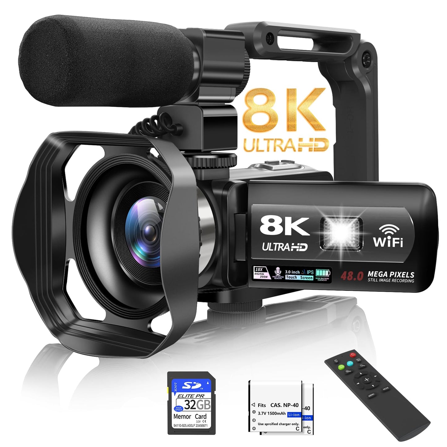 Video Camera, 8K Camcorder 48MP 15FPS UHD WiFi Vlogging Camera with IR Night Vision for YouTube, 3" Touch Screen 18X Digital Zoom, with Fill Light, Mic, Stabilizer, Lens Hood, Remote and 2 Batteries