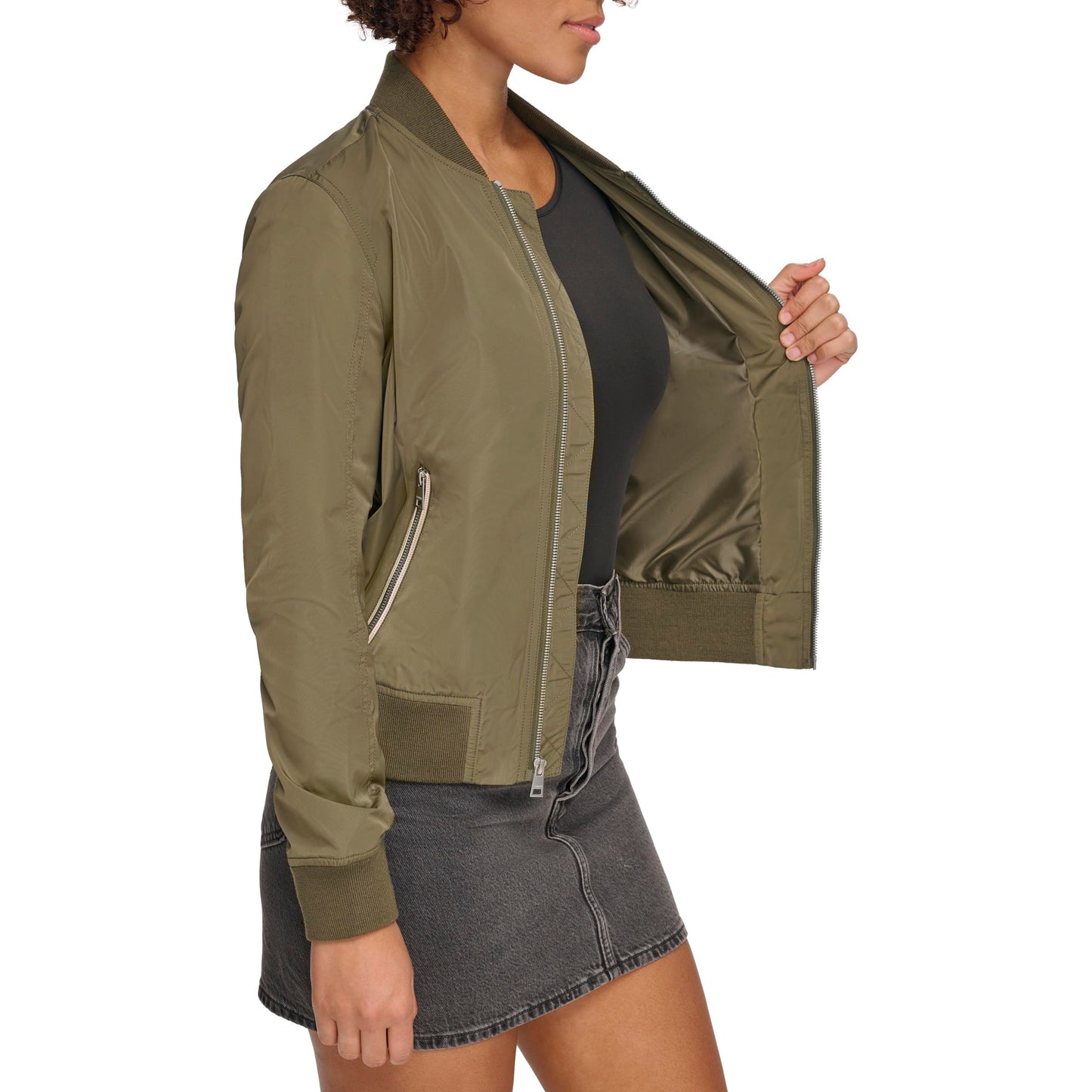 Levi's Women's Poly Bomber Jacket with Contrast Zipper Pockets, Army Green, X-Small