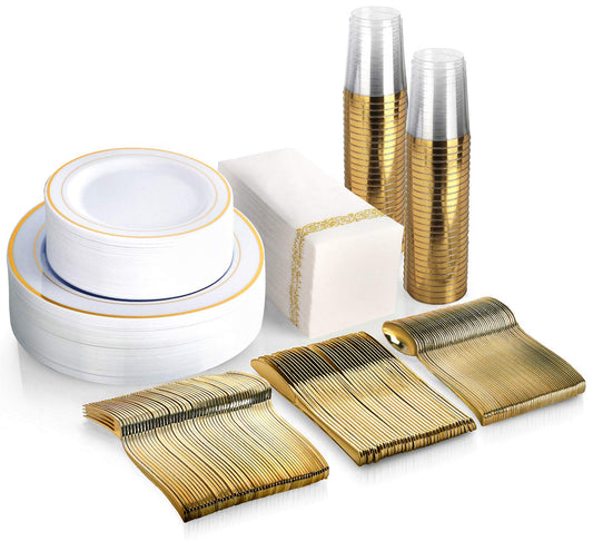 350 Piece MCIRCO Gold Dinnerware Set - 100 Gold Rim Plastic Plates - 50 Gold Plastic Silverware - 50 Gold Plastic Cups - 50 Gold Paper Napkins, 50 Guest Disposable Gold Dinnerware Set