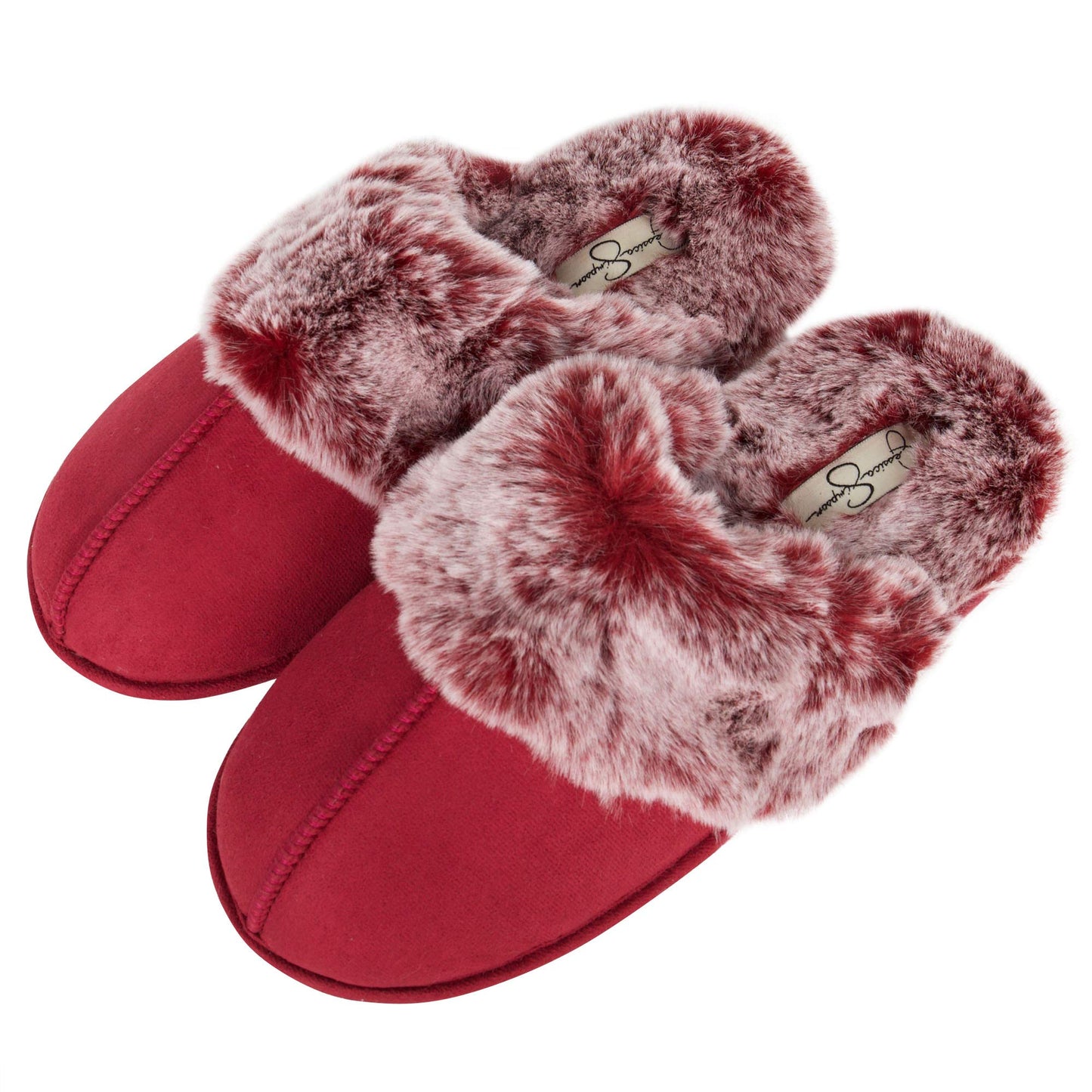 Jessica Simpson Women's Comfy Faux Fur House Slipper Scuff Memory Foam Slip on Anti-Skid Sole, Burgundy, Small