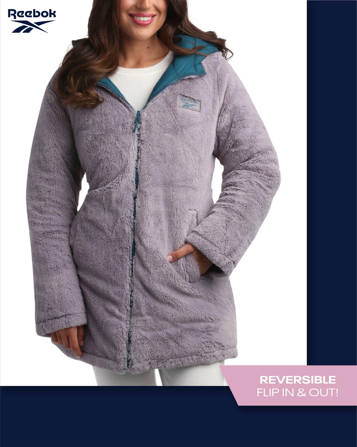 Reebok Women's Winter Jacket - Reversible Quilted Puffer with Sherpa Fleece Lining – Parka Coat for Women (S-3X, Plus Size), Size Medium, Peacock