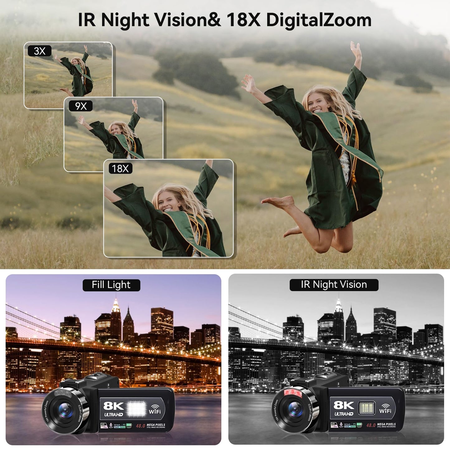 Video Camera, 8K Camcorder 48MP 15FPS UHD WiFi Vlogging Camera with IR Night Vision for YouTube, 3" Touch Screen 18X Digital Zoom, with Fill Light, Mic, Stabilizer, Lens Hood, Remote and 2 Batteries