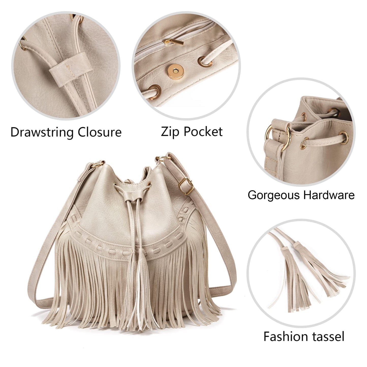 Leather Bucket Bags for Women Crossbody Fringe Purses with Drawstring Ladies Tassel Hobo and Shoulder Handbags White