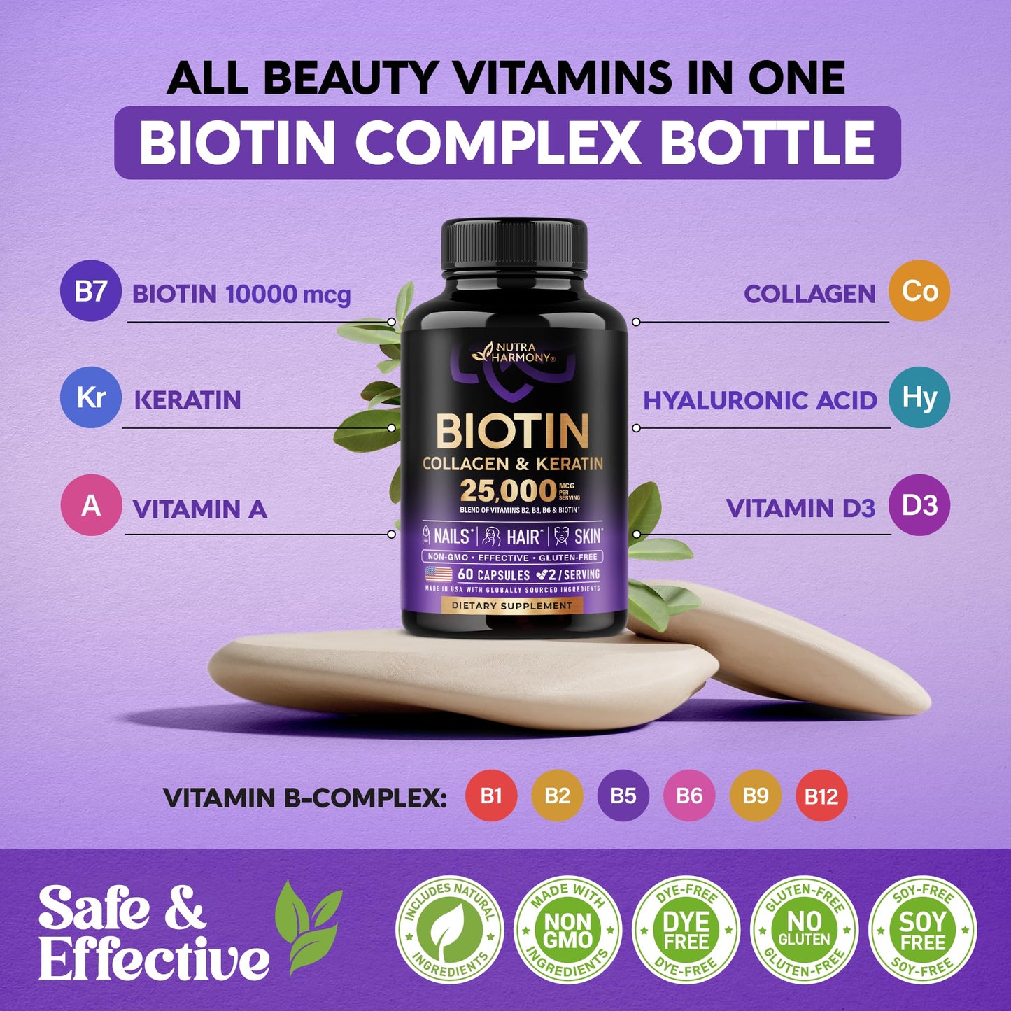 Biotin | Collagen | Keratin - Clinically Tested Supplement - Hair Growth Support - Skin & Nails Complex 25000 mcg - Hyaluronic Acid | B2 | B3 | B6 | B7 - Made in USA - For Women & Men | 60 Capsules