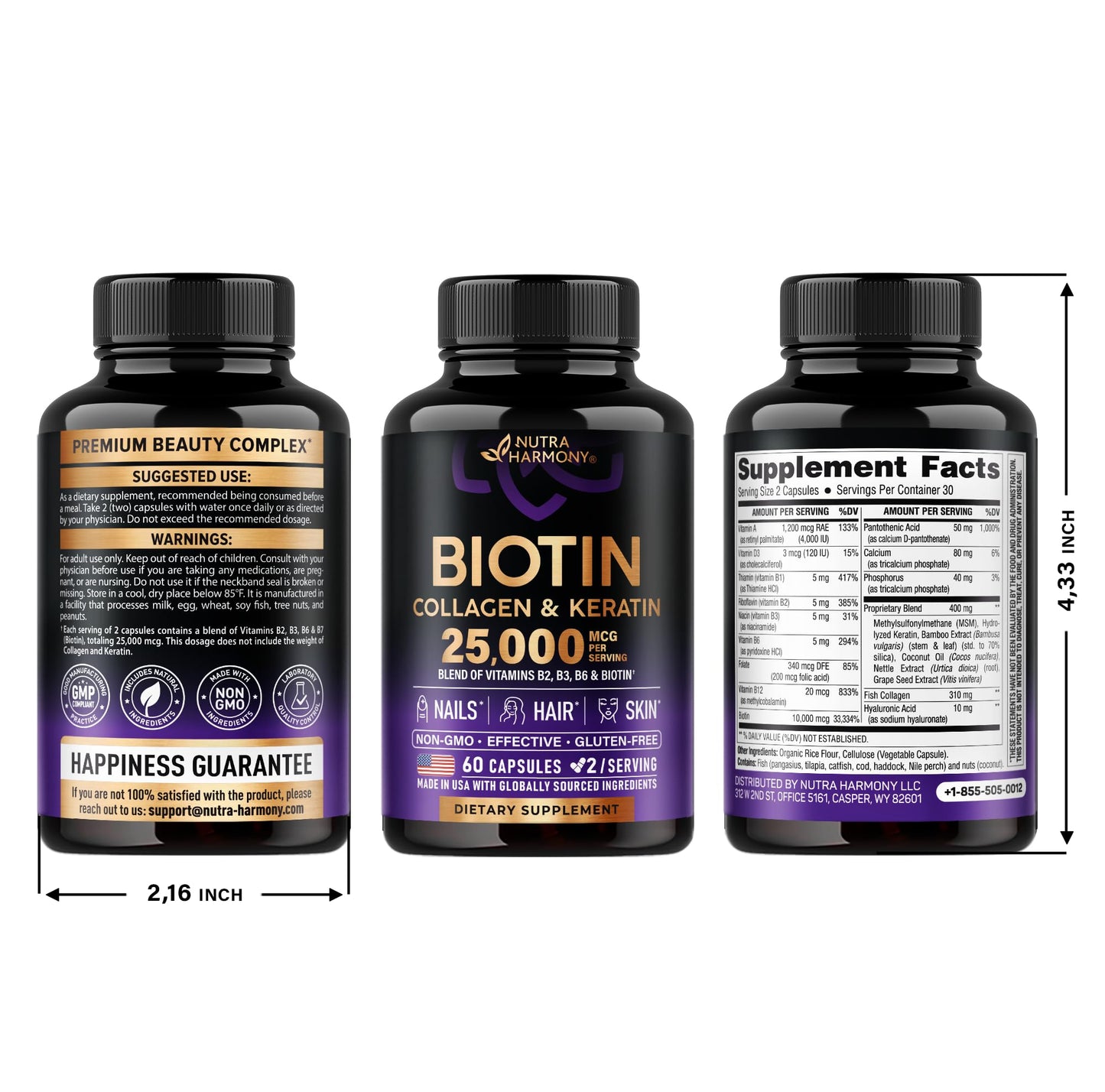 Biotin | Collagen | Keratin - Clinically Tested Supplement - Hair Growth Support - Skin & Nails Complex 25000 mcg - Hyaluronic Acid | B2 | B3 | B6 | B7 - Made in USA - For Women & Men | 60 Capsules