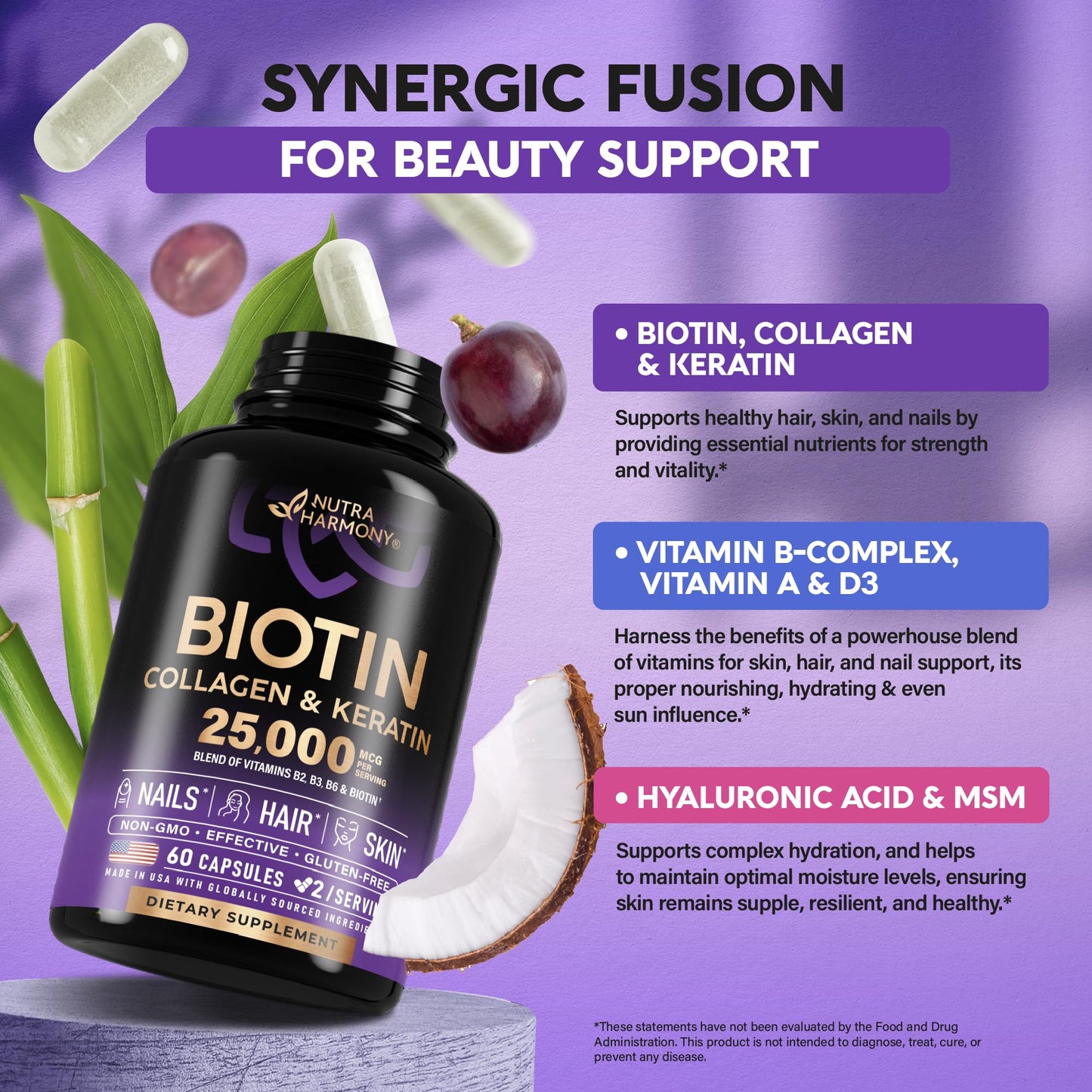 Biotin | Collagen | Keratin - Clinically Tested Supplement - Hair Growth Support - Skin & Nails Complex 25000 mcg - Hyaluronic Acid | B2 | B3 | B6 | B7 - Made in USA - For Women & Men | 60 Capsules