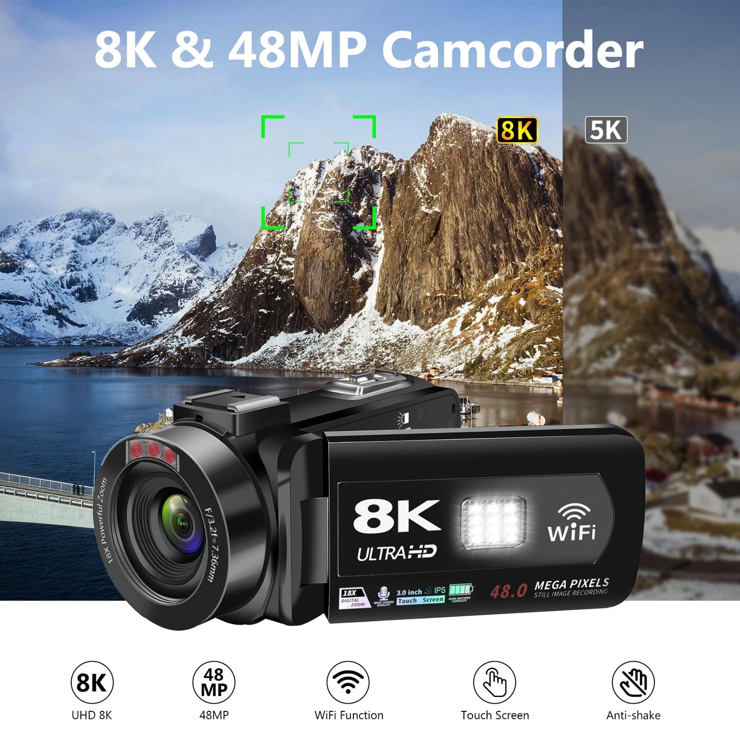 VETEK Video Camera 8k Camcorder 48MP UHD WiFi IR Night Vision Vlogging Camera for YouTube, 18X Digital Zoom 3.0“ LCD Screen Digital Camera with Microphone, 32G SD Card, Remote Control and 2 Batteries