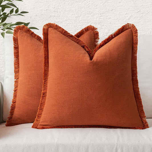 MIULEE Set of 2 Fall Linen Throw Pillow Covers Decorative Square Pillow Covers Farmhouse Style Boho Cushion Covers Rust Pillow Covers with Fringe for Couch Living Room 18x18 Inch