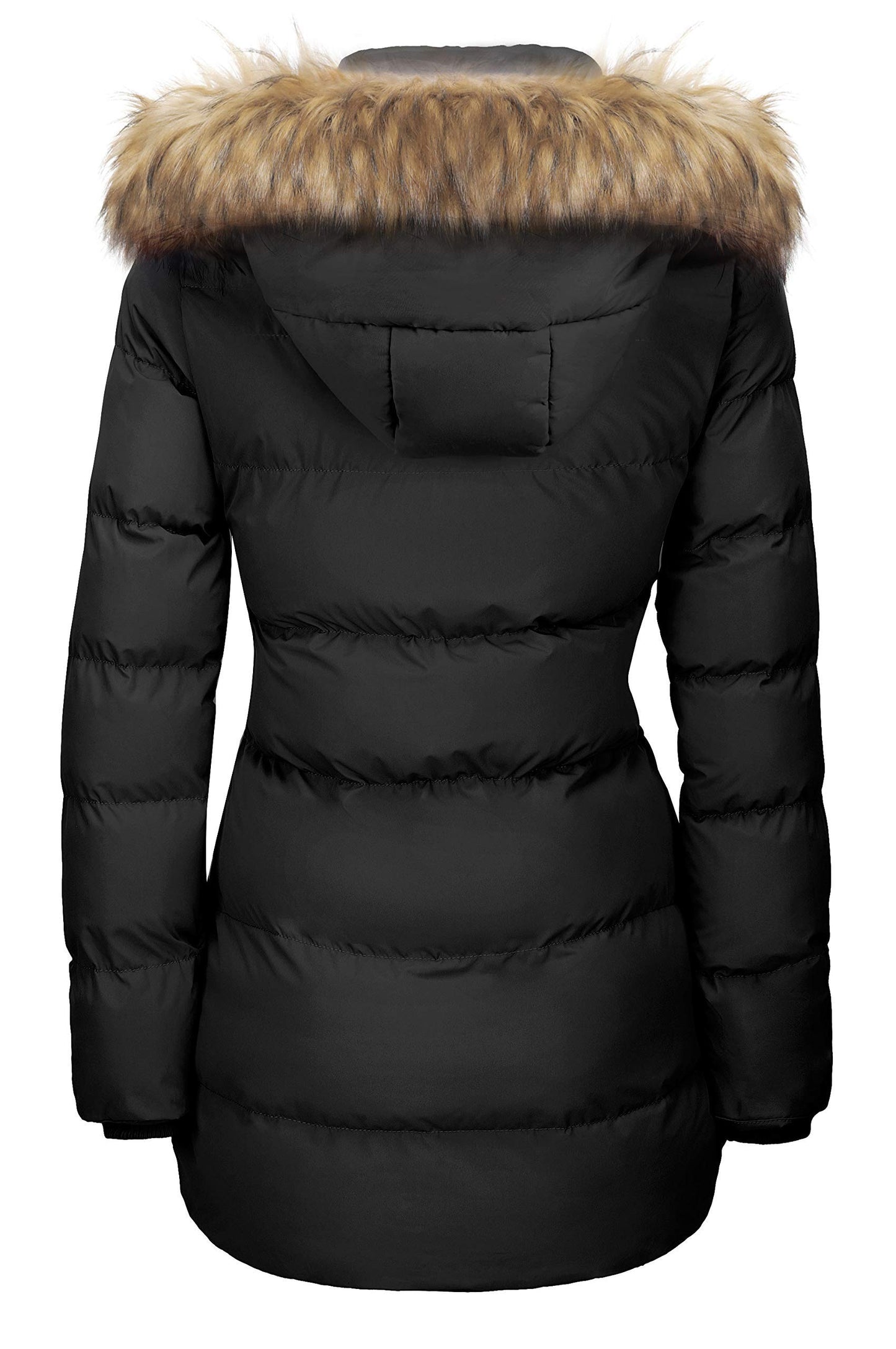 WenVen Women's Winter Thicken Padded Coat Parka Jacket with Fur Hood (Black,L)