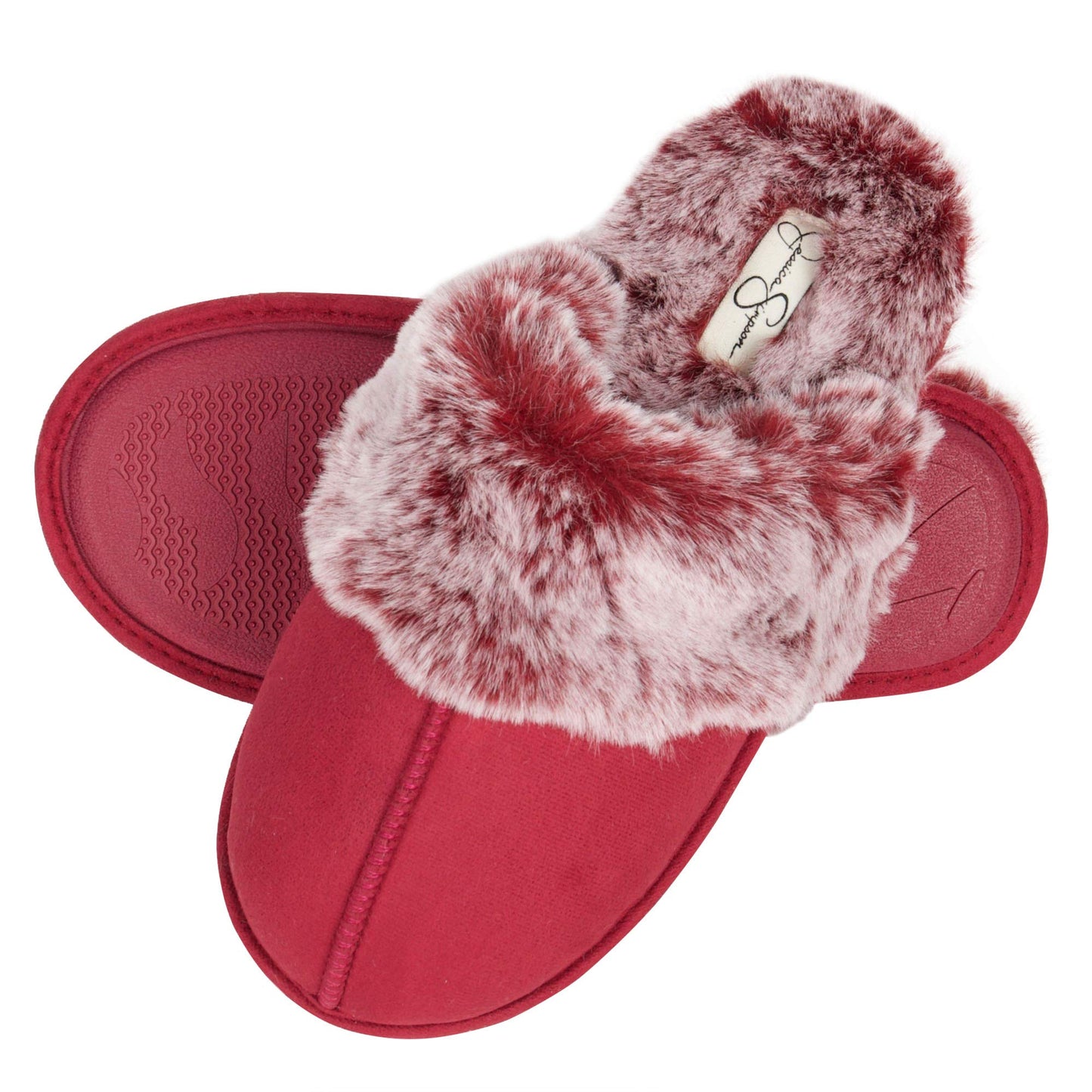 Jessica Simpson Women's Comfy Faux Fur House Slipper Scuff Memory Foam Slip on Anti-Skid Sole, Burgundy, Small