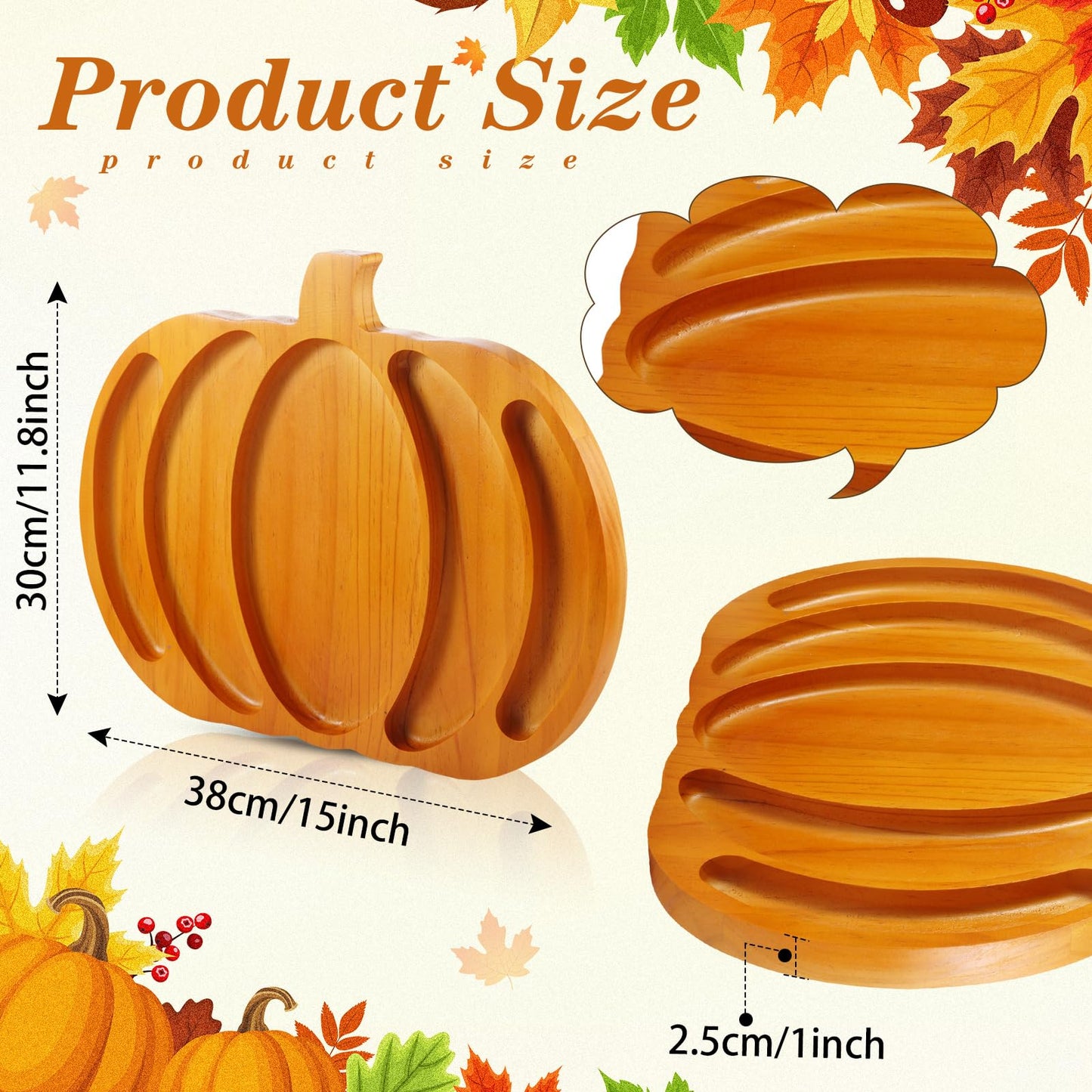 Sliner Fall Harvest Large Pumpkin Wooden Serving Platter 15x12 In Rustic Pumpkin Snack Fruit Meat Cheese Board Rustic Angle Shape Charcuterie Board Sectional Dish Plate for Thanksgiving(Brown)