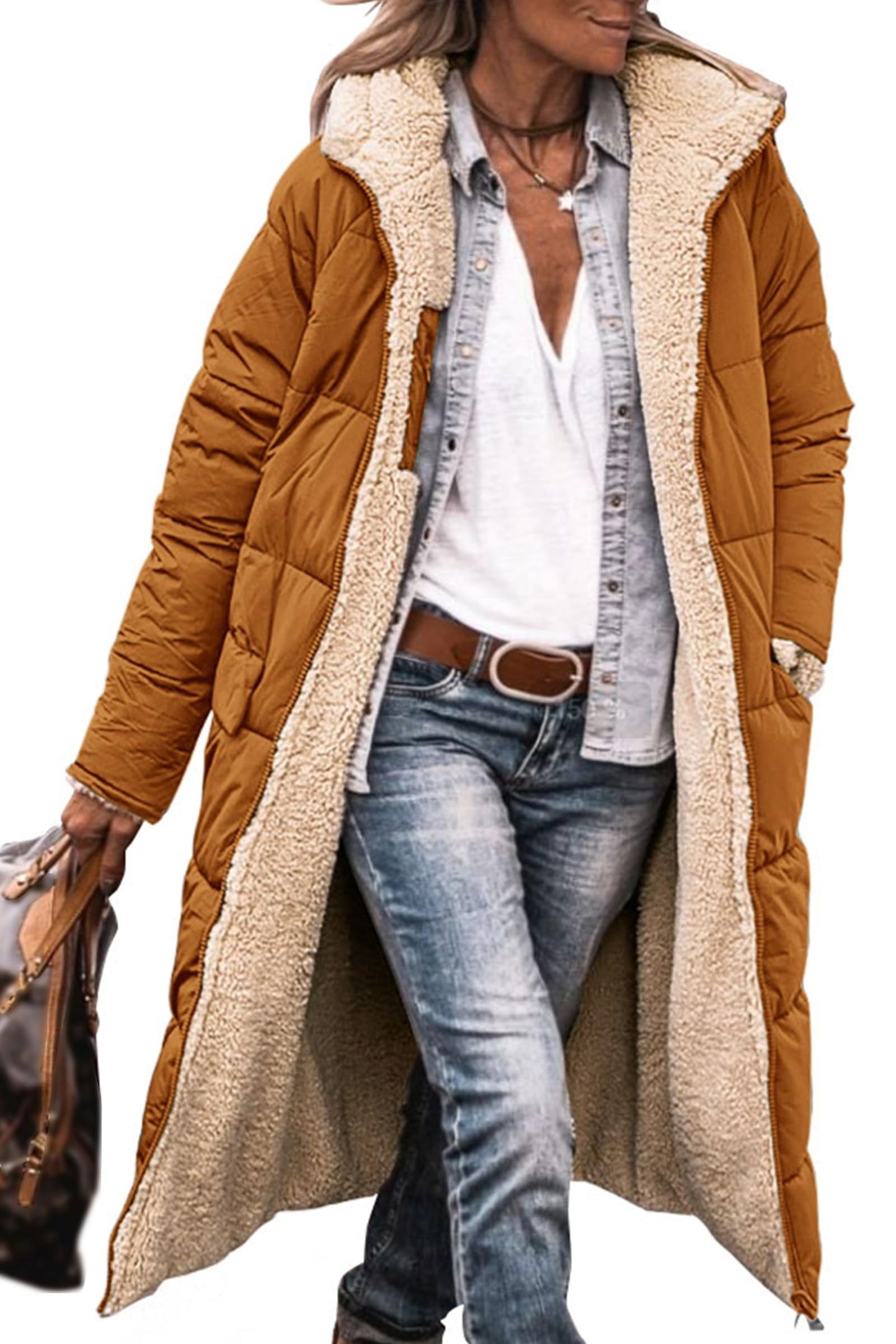 PRETTYGARDEN Winter Coats For Women 2024 Warm Full Zip Sherpa Fleece Long Puffer Jackets Outerwear (Brown,Large)