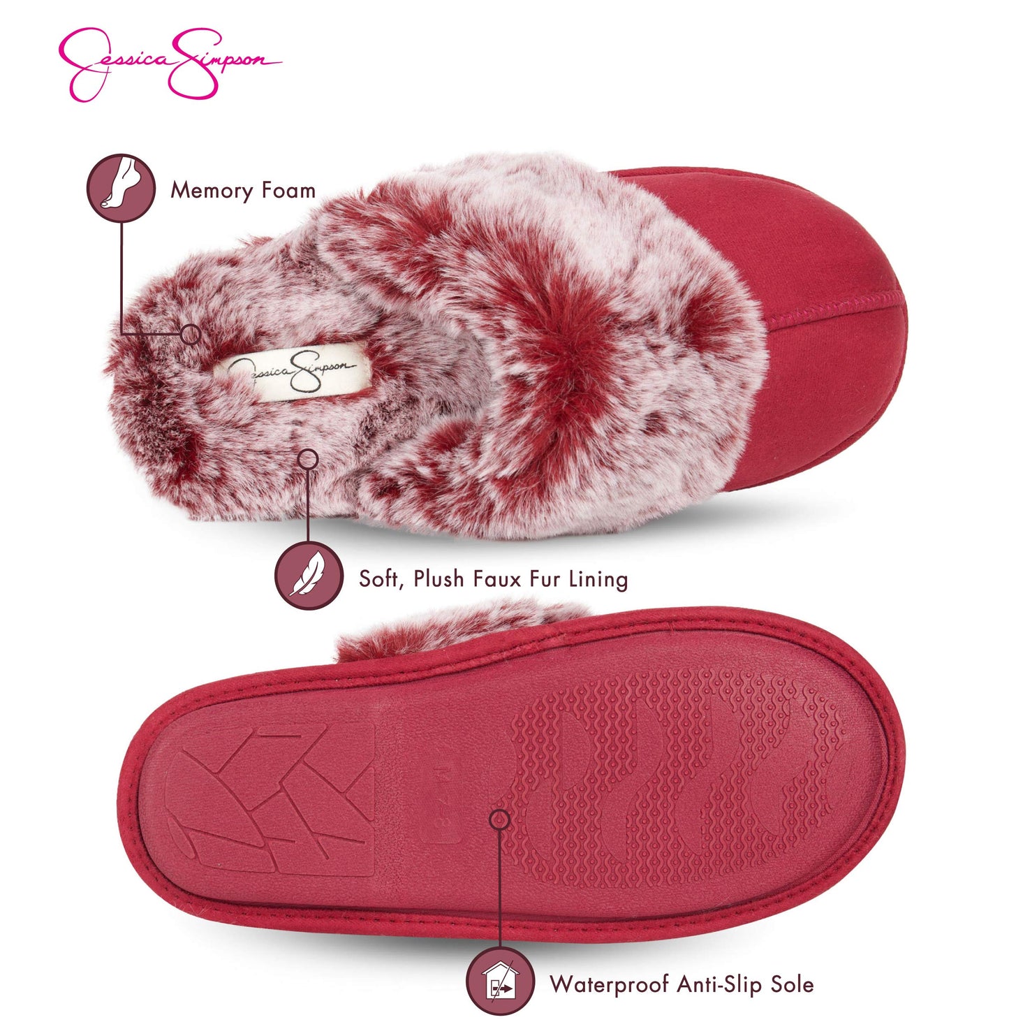 Jessica Simpson Women's Comfy Faux Fur House Slipper Scuff Memory Foam Slip on Anti-Skid Sole, Burgundy, Small