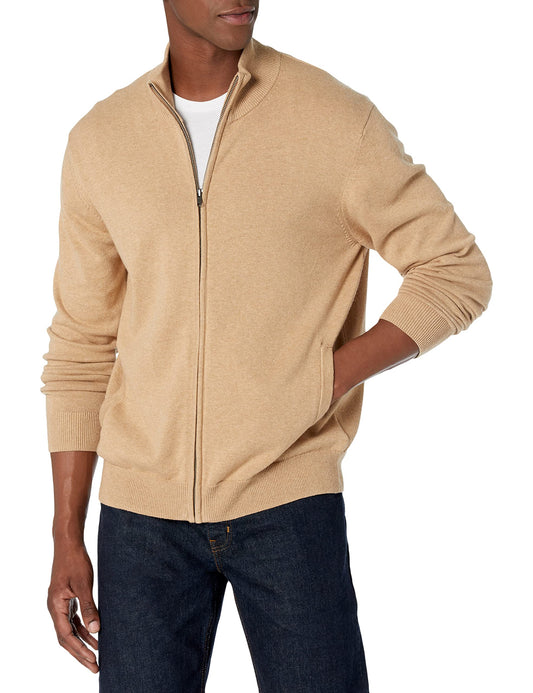 Amazon Essentials Men's Full-Zip Cotton Sweater, Camel Heather, Medium