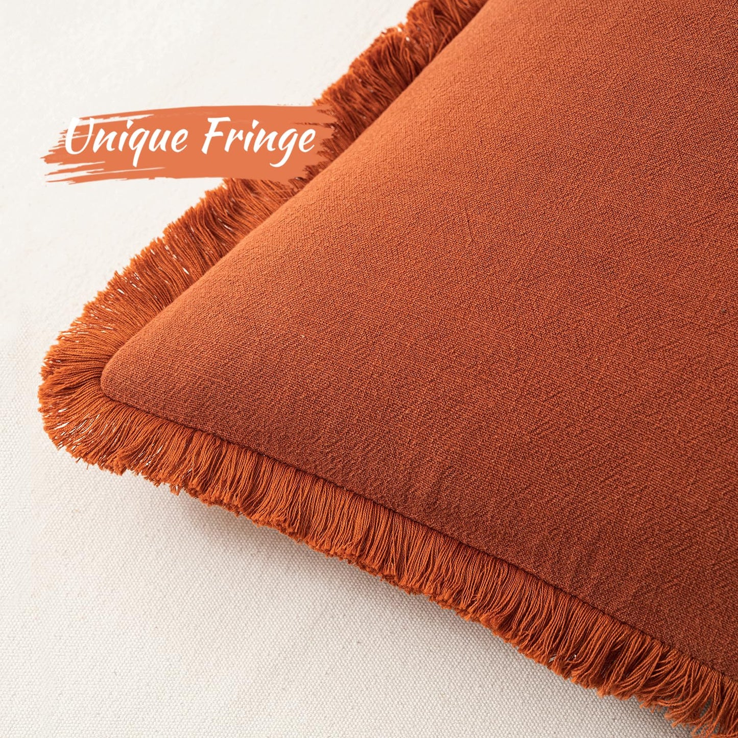 MIULEE Set of 2 Fall Linen Throw Pillow Covers Decorative Square Pillow Covers Farmhouse Style Boho Cushion Covers Rust Pillow Covers with Fringe for Couch Living Room 18x18 Inch