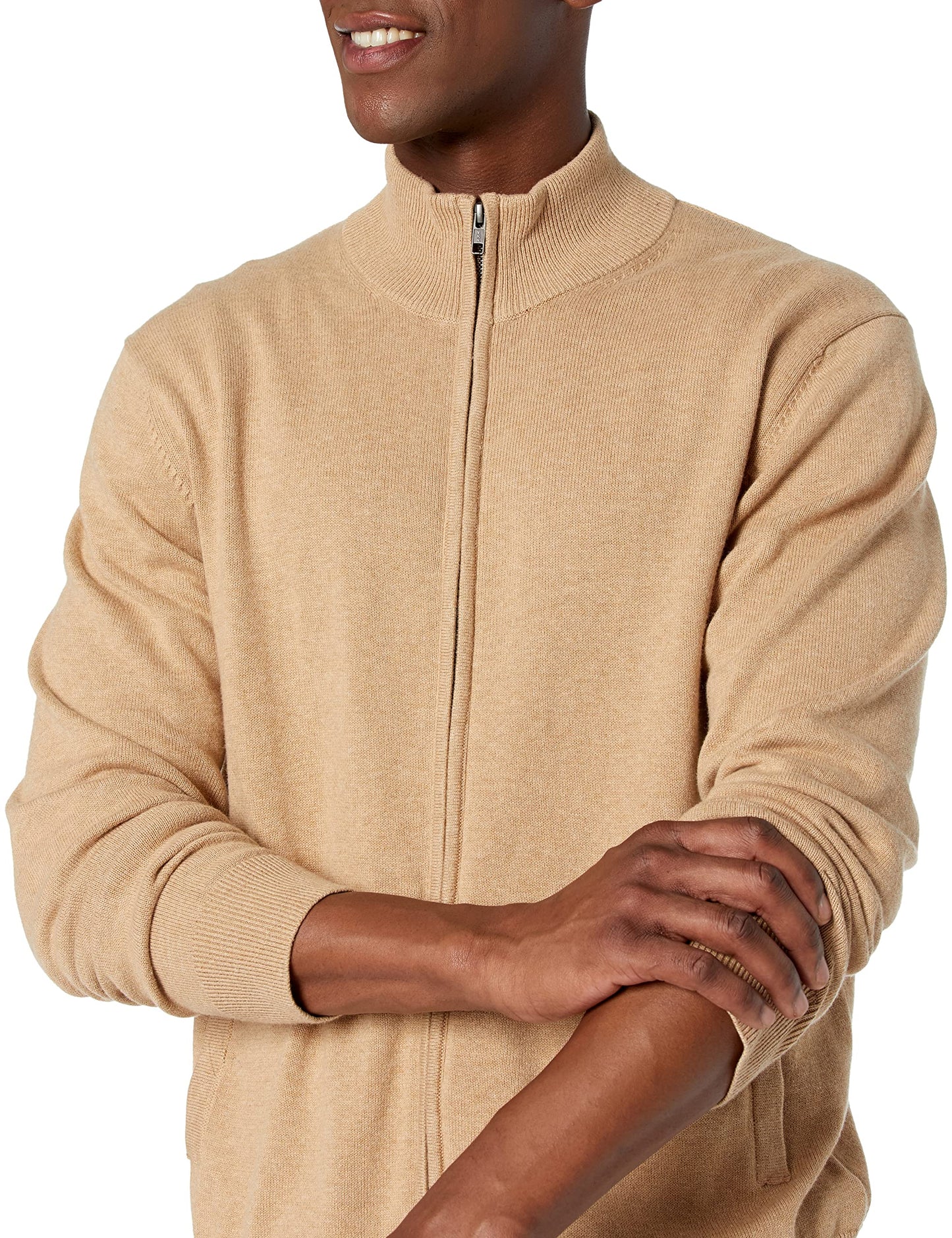 Amazon Essentials Men's Full-Zip Cotton Sweater, Camel Heather, Medium